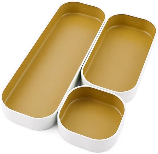 Three by Three Seattle 3 Piece Shallow Metal Organizer Tray Set for Storing Makeup, Stationery, Utensils, and More in Office Desk, Kitchen and Bathroom Drawers (1 Inch, Gold and White) 1 5166TUblNqL. AC SL1024 - northernschoolofshiatsu.co.uk
