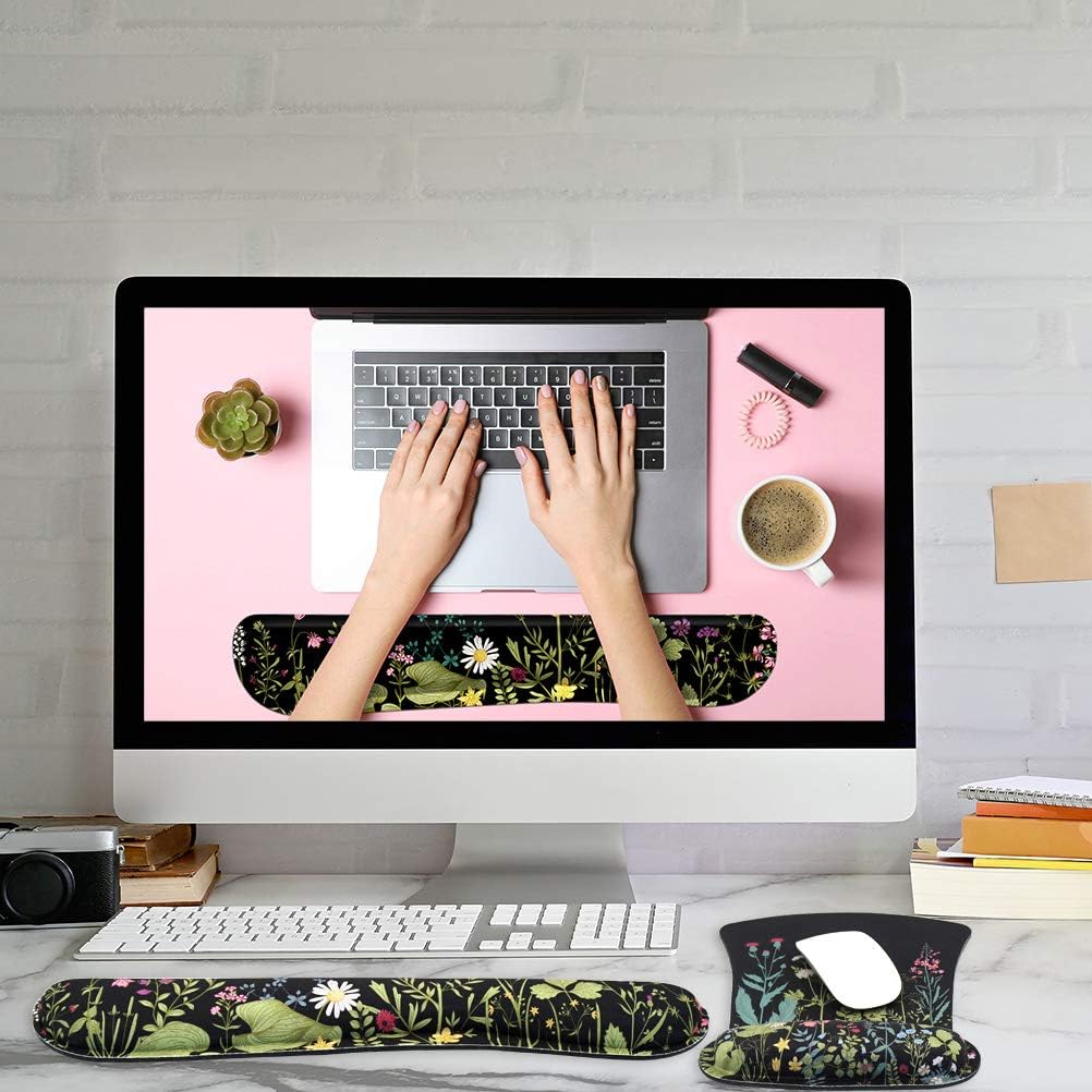 3 in 1 Ergonomic Mouse Pad with Wrist Rest and Keyboard Wrist Support Set with Coaster, Cute Wrist Pad with Non-Slip Rubber Base and Raised Memory Foam, Easy Typing & Pain Relief, Garden Flowers 5 - northernschoolofshiatsu.co.uk