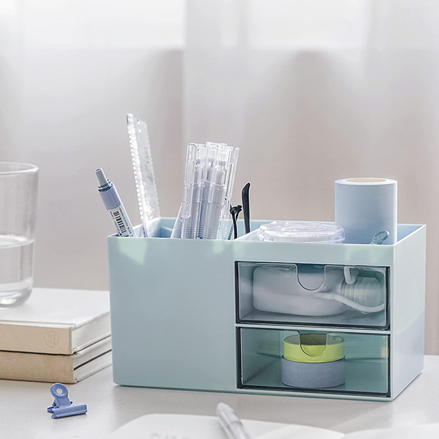Small Desk Organizer with Pen Holder and Drawer, Plastic Desk Storage Box with 4 Compartments for Office, School, Home, Vanity Organizer, Cosmetic Makeup Organizer for Women,Blue 4 61GJfeaM5UL. AC SL1500 - northernschoolofshiatsu.co.uk