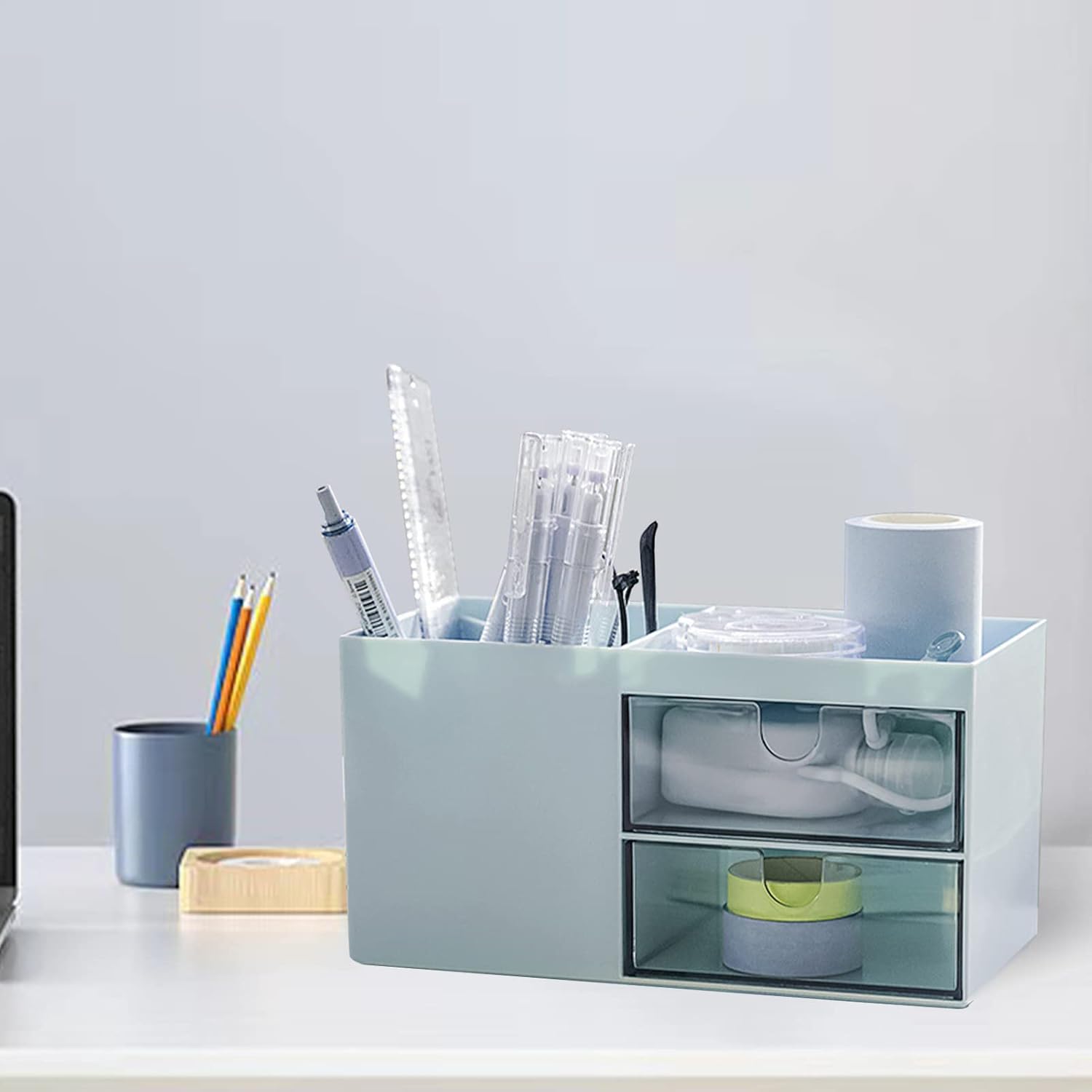 Small Desk Organizer with Pen Holder and Drawer, Plastic Desk Storage Box with 4 Compartments for Office, School, Home, Vanity Organizer, Cosmetic Makeup Organizer for Women,Blue 3 61JWBK39U0L. AC SL1500 - northernschoolofshiatsu.co.uk