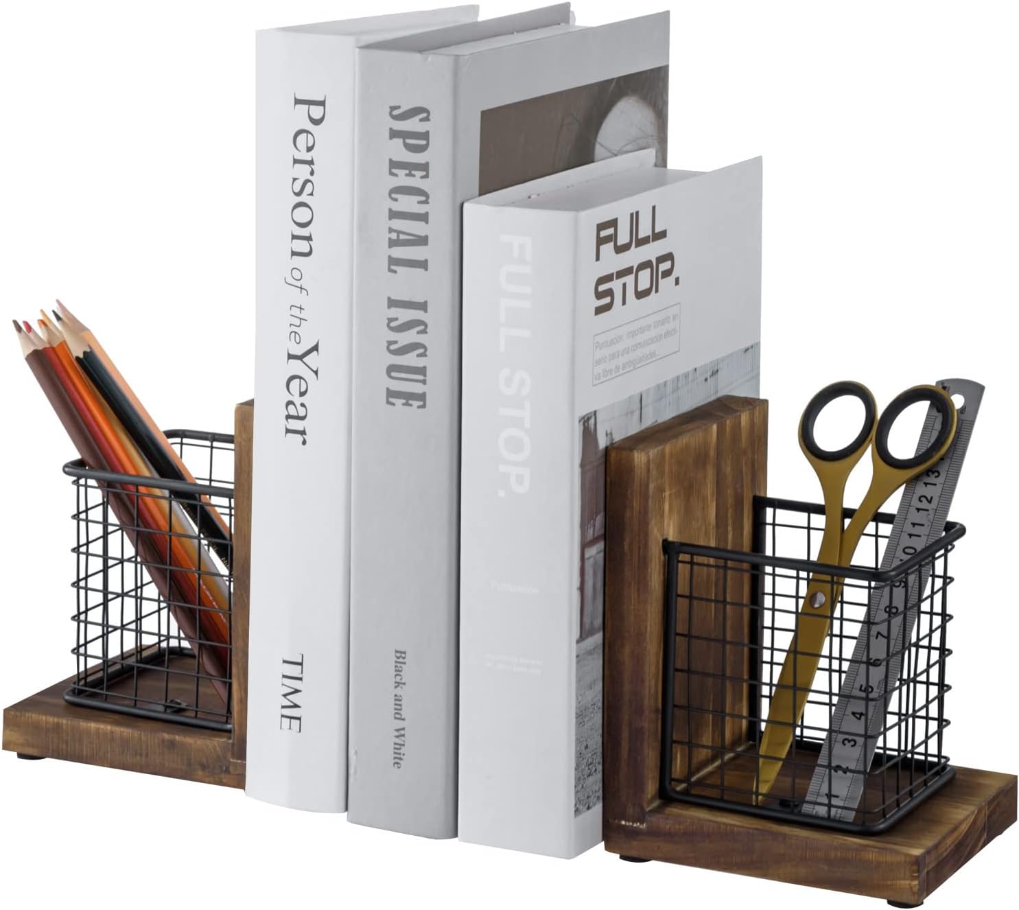 MyGift Rustic Burnt Wood Decorative Bookends for Heavy Books with Matte Black Metal Wire Basket Pencil Cup and Office Supplies Storage Baskets, 1-Pair 1 61YIGP95O5L. AC SL1500 - northernschoolofshiatsu.co.uk