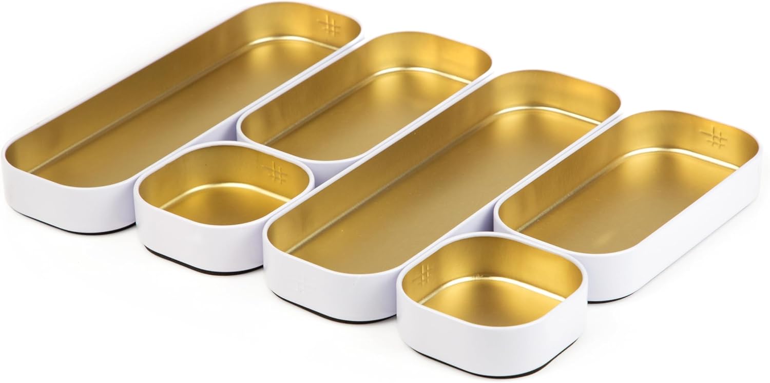 Three by Three Seattle 3 Piece Shallow Metal Organizer Tray Set for Storing Makeup, Stationery, Utensils, and More in Office Desk, Kitchen and Bathroom Drawers (1 Inch, Gold and White) 12 61wcwEDVQGL. AC SL1500 - northernschoolofshiatsu.co.uk