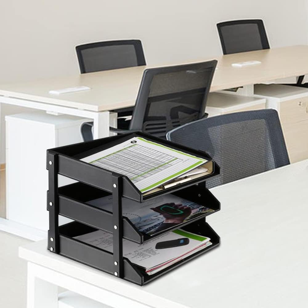 Leather Desk Organizer, NIFIVE 3-Tier Stackable Document Tray, Perfect Desktop Organization Holder for Files, Folder, Stationery, Magazine, Newspaper, Mail, Office Supplies (Brown) 4 - northernschoolofshiatsu.co.uk