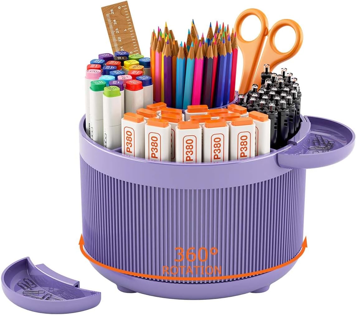 360 Degree Rotating Pen Holder for Desk, 2025 Upgraded Spinning Desk Organizer for Stationery, Pen, Pencil, Marker, Makeup Brush with 2 Detachable Small Trays, Multi-color Choice - Light purple 1 - northernschoolofshiatsu.co.uk