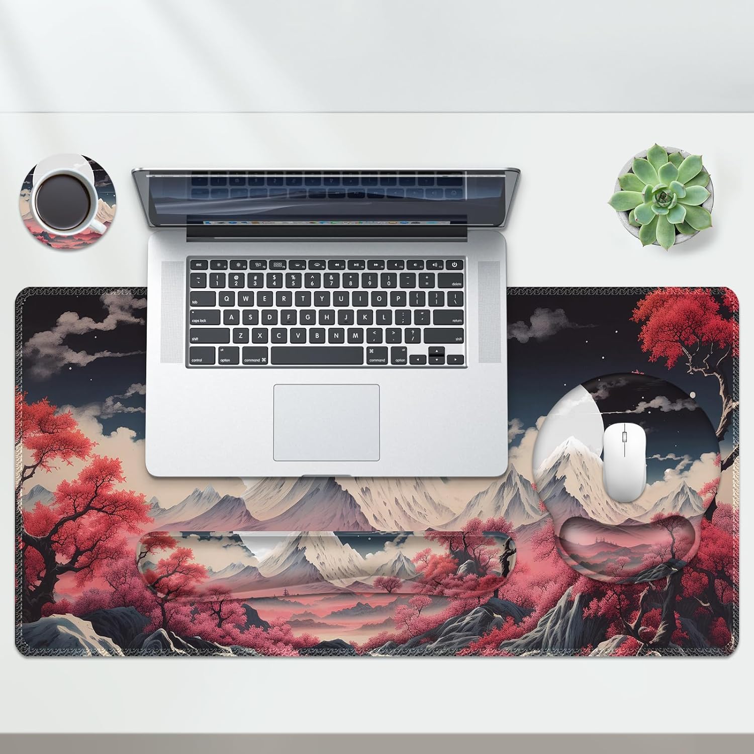AIMSA Keyboard Mouse Pad Wrist Rest Set, Large Gaming Mouse Desk Pad with Wrist Support Ergonomic Design, 4 in 1 Mousepad for Home Office, Sakura Snow Mountain 5 - northernschoolofshiatsu.co.uk