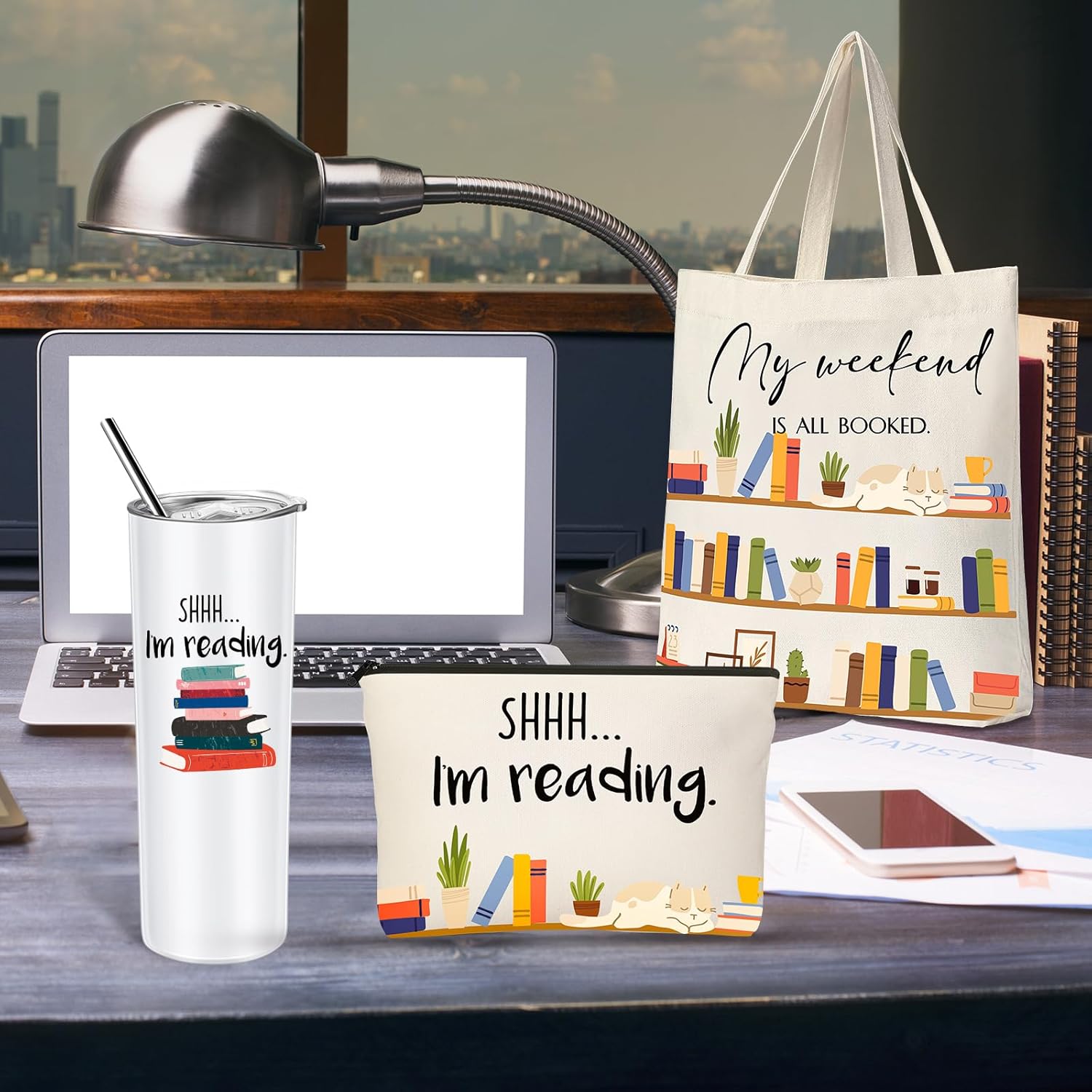Silkfly 5 Pcs Book Lovers Gifts Set, Gifts for Book Lovers, Includes 20 oz Tumbler Socks Bookmark Tote Bag and Cosmetic Bag 4 - northernschoolofshiatsu.co.uk