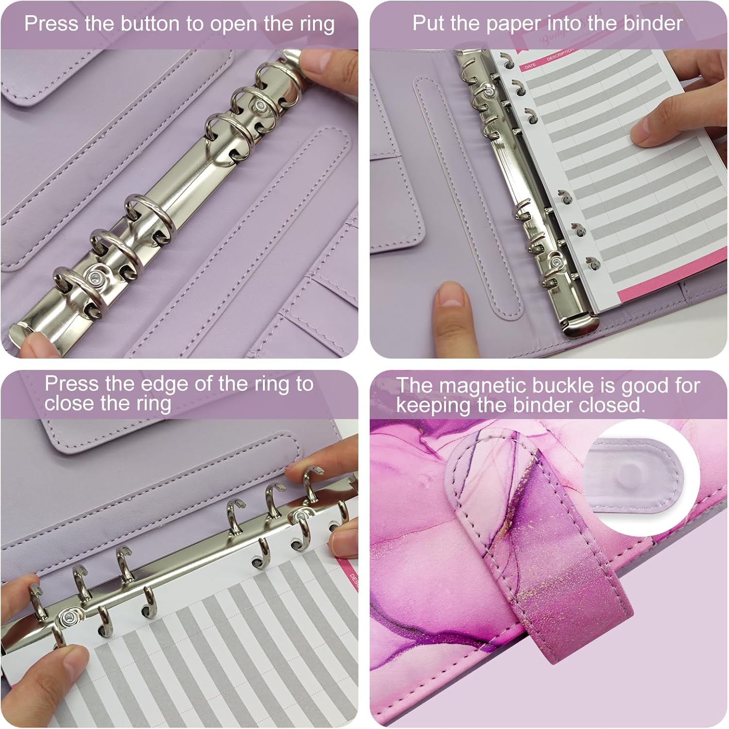 A5 Refillable 6 Ring Faux Leather Budget Binder,Mini Notebook Binder Cover for A5 Filler Paper,Loose Leaf Personal Planner Cover with Magnetic Buckle Closure(Marble Purple) 113 714gWajKccL. AC SL1500 - northernschoolofshiatsu.co.uk