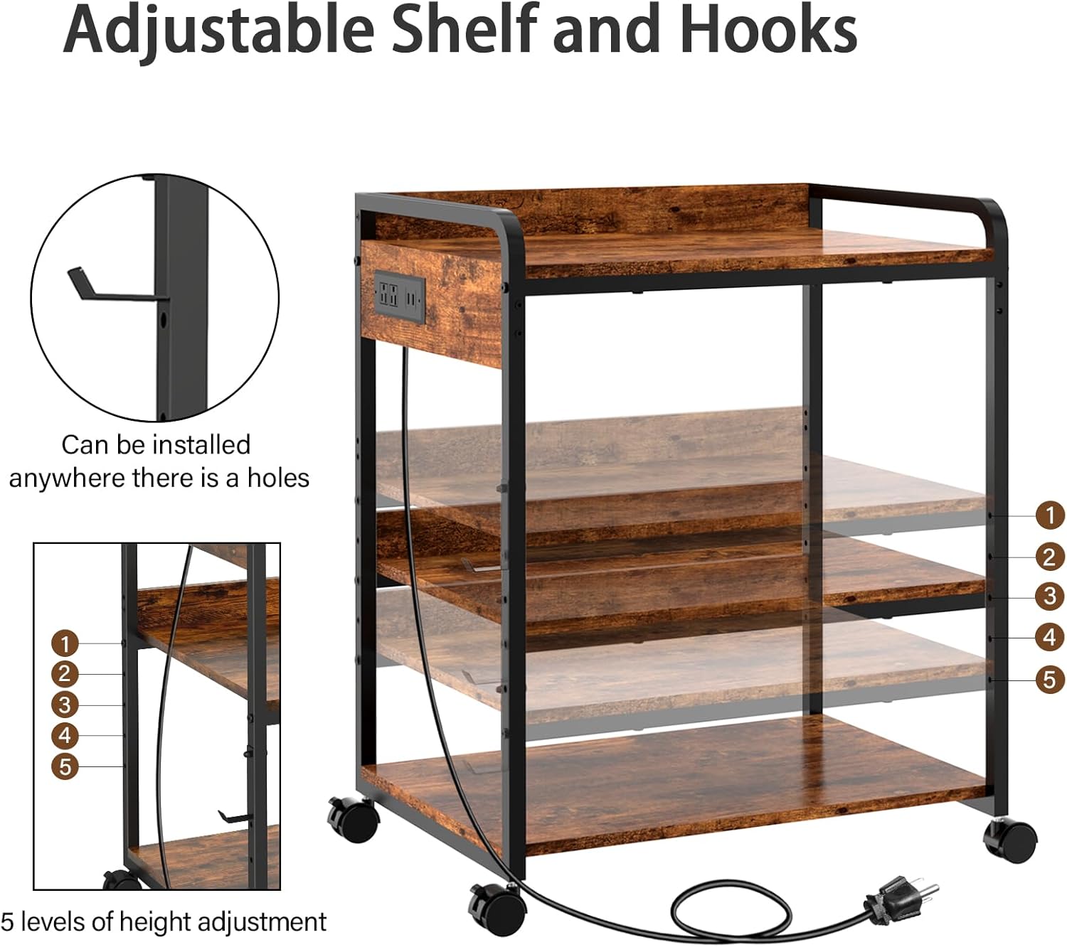 3 Tier Large Printer Stand with Wheels, 25.2 x 18.9 Inch Printer Stand with Power Outlet USB Port, Printer Table with Adjustable Storage Shelf for Home Office, Rustic Brown 3 7153U um02L. AC SL1500 - northernschoolofshiatsu.co.uk