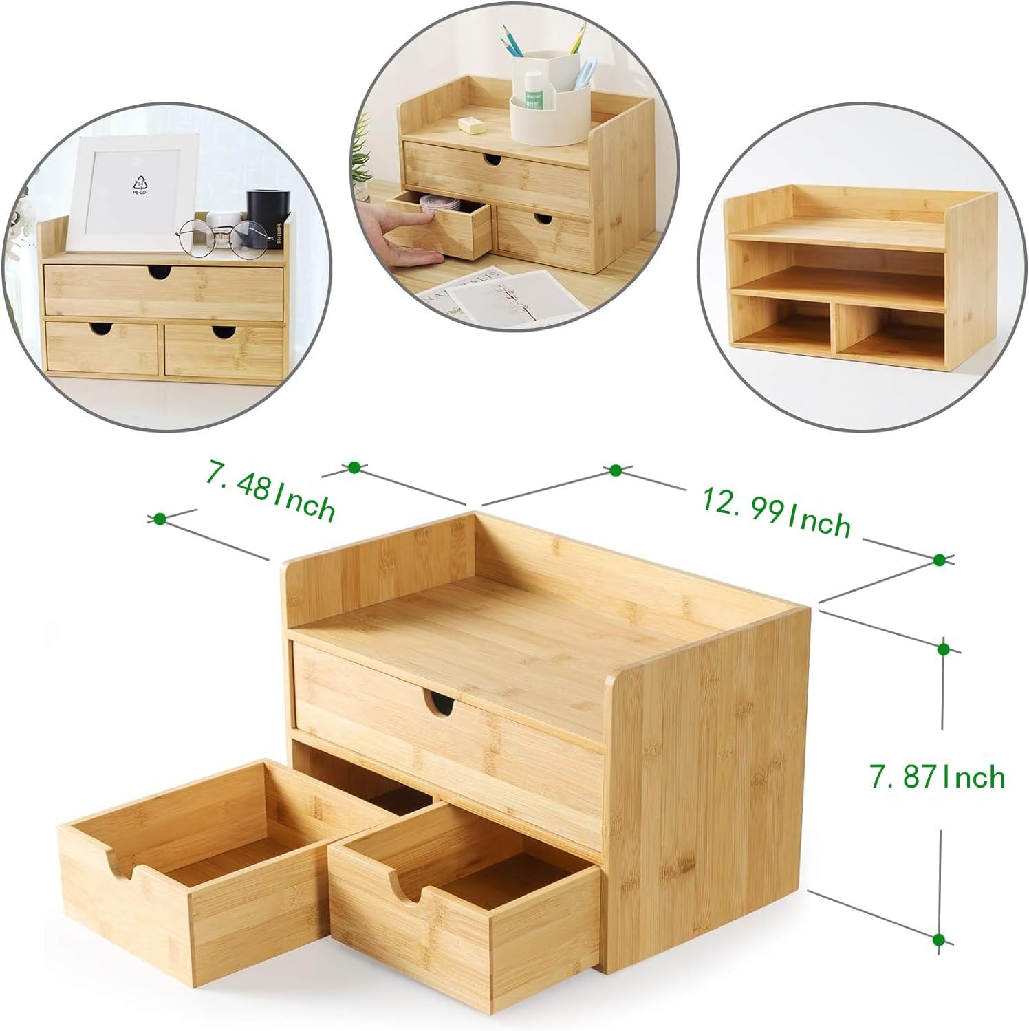 Wisuce Bamboo Desk Organizer, Mini Desktop Drawer Tabletop Storage Organization Box for Office Home Toiletries Supplies Vanity, No Assembly Required (3 Drawer with Shelf) 3 - northernschoolofshiatsu.co.uk