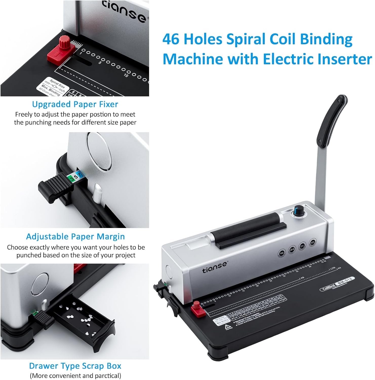 TIANSE Binding Machine, Spiral Coil Binder Machine, Manual Book Maker Punch Binder with Electric Coil Inserter,Suit for Letter Size / A4 / A5 with 100pcs 5/16'' Plastic Coil Binding Spines & Plier 4 715lKGFfduL. AC SL1500 - northernschoolofshiatsu.co.uk
