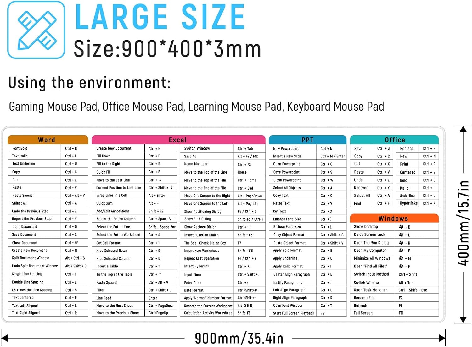 JIALONG Large Gaming Mouse Pad Desk Mat Office Software Excel Shortcuts Mousepad with Personalized Design Extended Size 35.4 X 15.7inches by Office Users 2 715qT1ZLv+L. AC SL1500 - northernschoolofshiatsu.co.uk