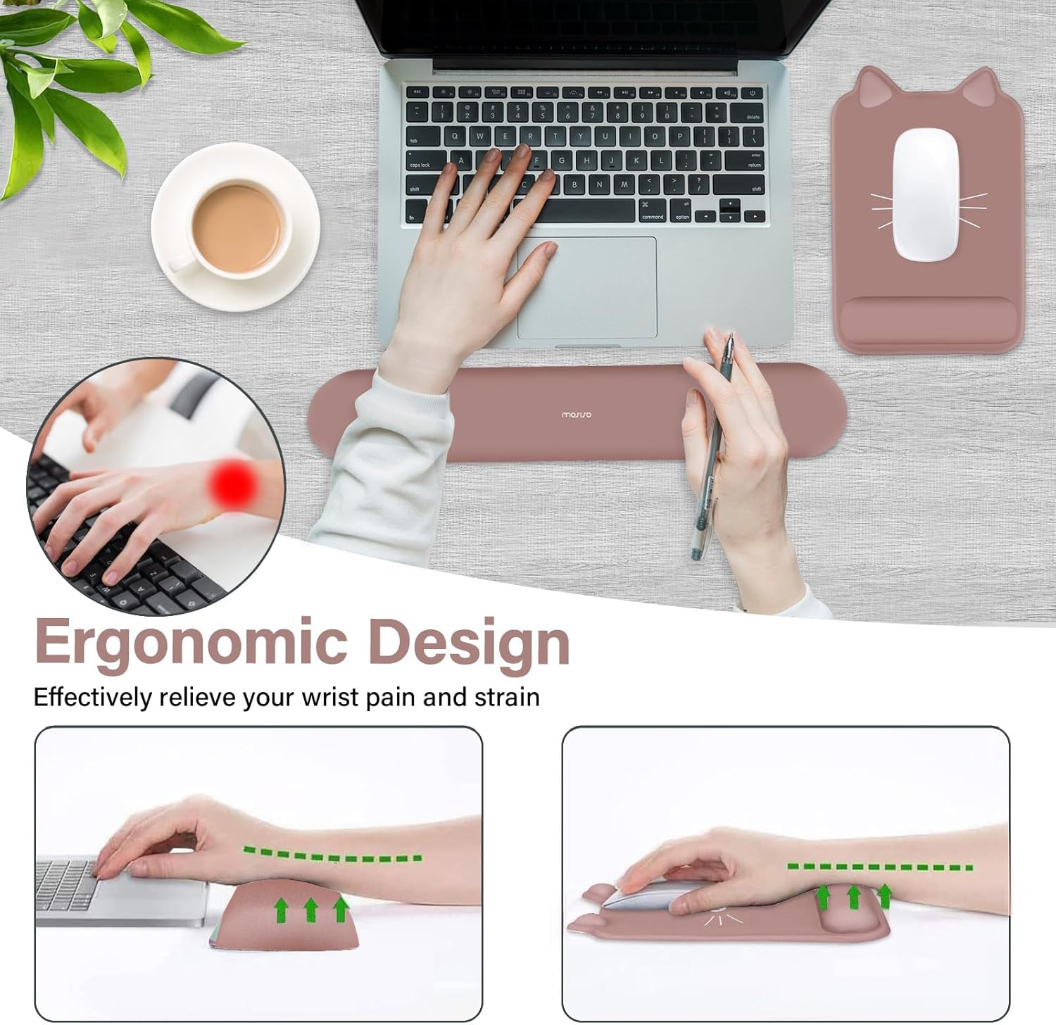 MOSISO Wrist Rest Support for Mouse Pad&Keyboard Set, Cute Cat Ear Shape Ergonomic Mousepad Non-Slip Base Home/Office Pain Relief&Easy Typing Pad with Neoprene Cloth & Raised Memory Foam, Dusty Rose 2 717LV+1MiVL. AC SL1500 - northernschoolofshiatsu.co.uk