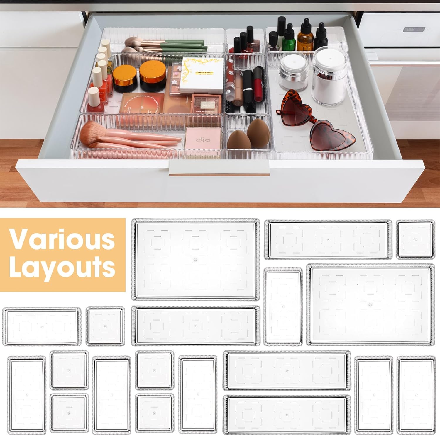 18 Pcs Clear Drawer Organizer Stackable 4 Size Clear Makeup Drawer Organizer Trays Acrylic Bathroom Vanity Storage Bins for Cosmetic, Jewelries, Office Supply, Kitchen Utensils(Stripes) 5 718qLF nVJL. AC SL1500 - northernschoolofshiatsu.co.uk