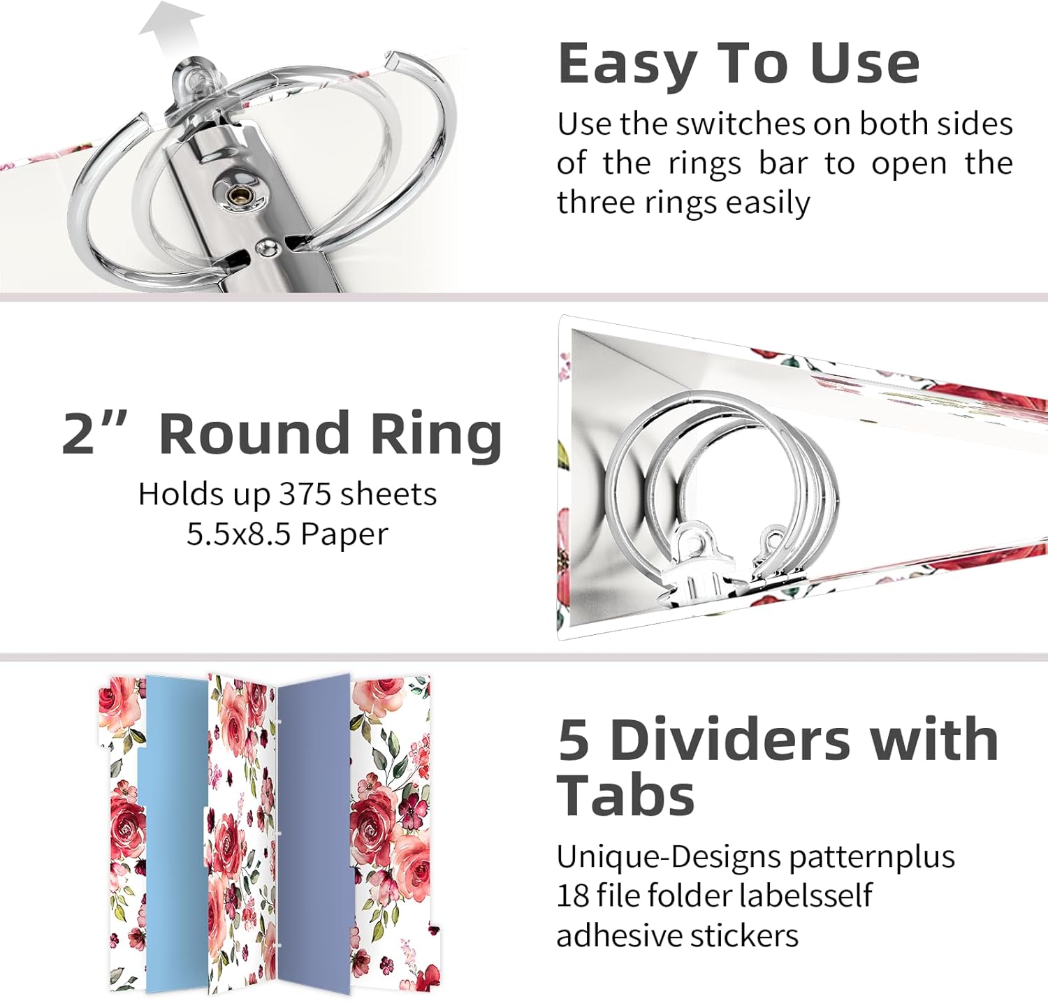 2 Inch 3 Ring Binders for Letter-Size 11" x 8.5" with 5-Tab Dividers and Low Profile Clipboards Three Ring Binder for School Class Office Supplies, Rose Floar 56 719Y7iON2kL. AC SL1500 - northernschoolofshiatsu.co.uk