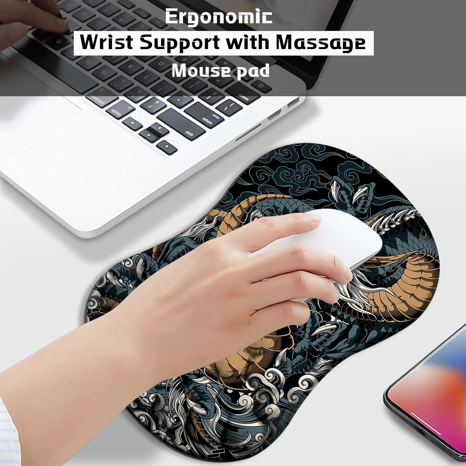 Dragon Mouse Pad with Wrist Rest, Black Ergonomic Mouse Pad Wrist Support, Non-Slip Soft with Massage Design Computer Keboard Pc Mousepad for Office and Gaming(Wrist04) 2 - northernschoolofshiatsu.co.uk