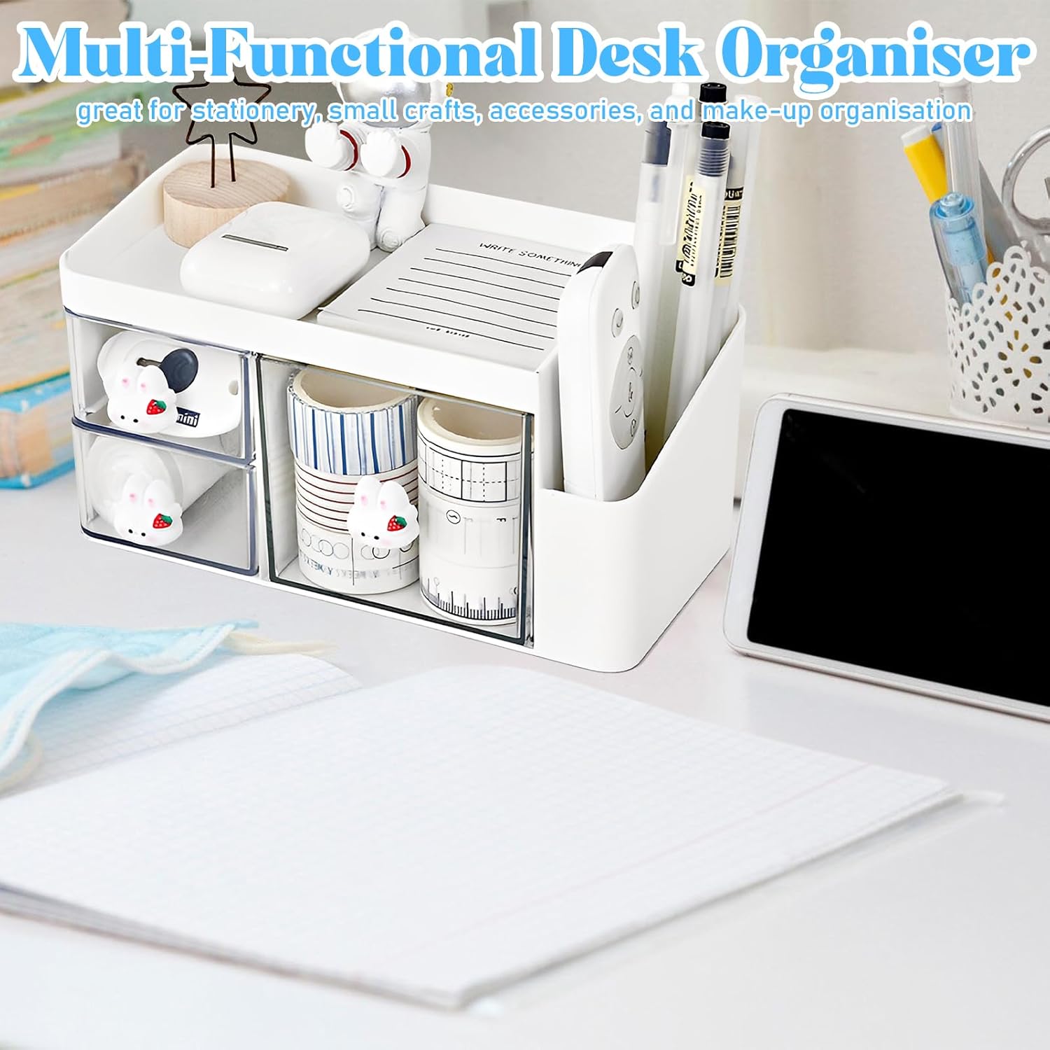 Marte Vanci Desk Organizer with 3 Drawers, Cute Desktop Stationery Organizer, Plastic Makeup Storage Box, Multifunctional Desk Accessories Tidy Caddy for Art Supplies Crafts White 5 - northernschoolofshiatsu.co.uk