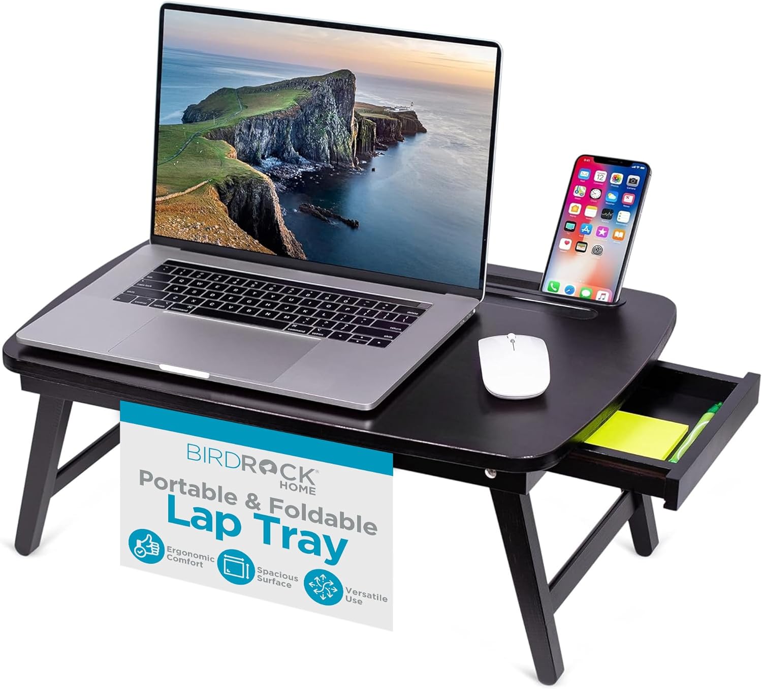 BIRDROCK HOME Bamboo Wood Lap Tray with Foldout Legs, Storage Drawer, Fits Laptops Up to 17", Tablet and Phone Slot, Laptop Table for Sitting or Standing, Work from Home, Workstation - Espresso 1 - northernschoolofshiatsu.co.uk