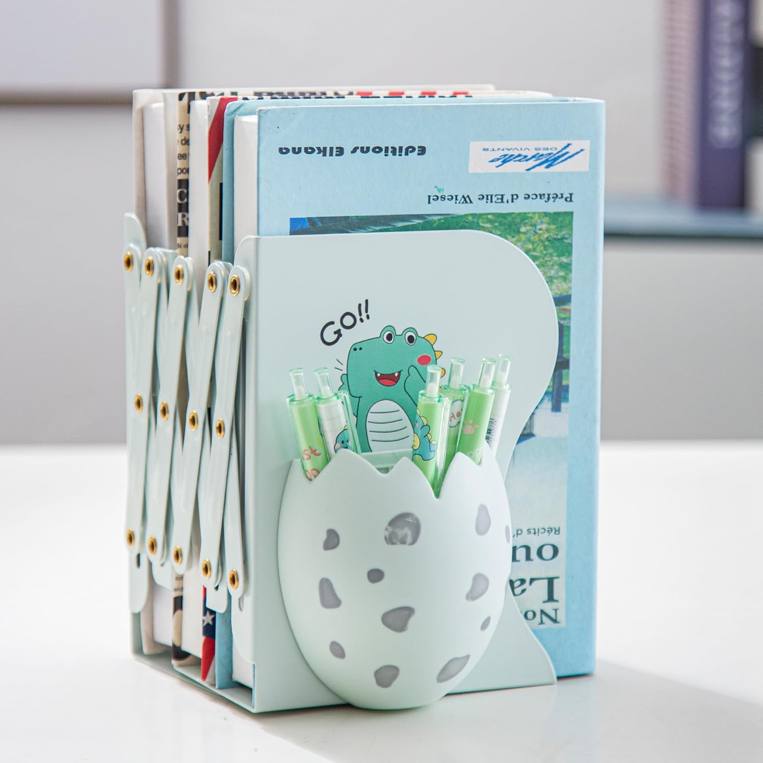 Adjustable Dinosaur Bookends,with Egg Modeling Magnetic Pencil Holder and 6 Pcs Gel Ink Pen,Metal Dino Book Organizer for Boys Girls Kids Room,Shelves,Book Stoppers to Hold Books Heavy Duty 2 71IedgeVQHL. AC SL1500 - northernschoolofshiatsu.co.uk