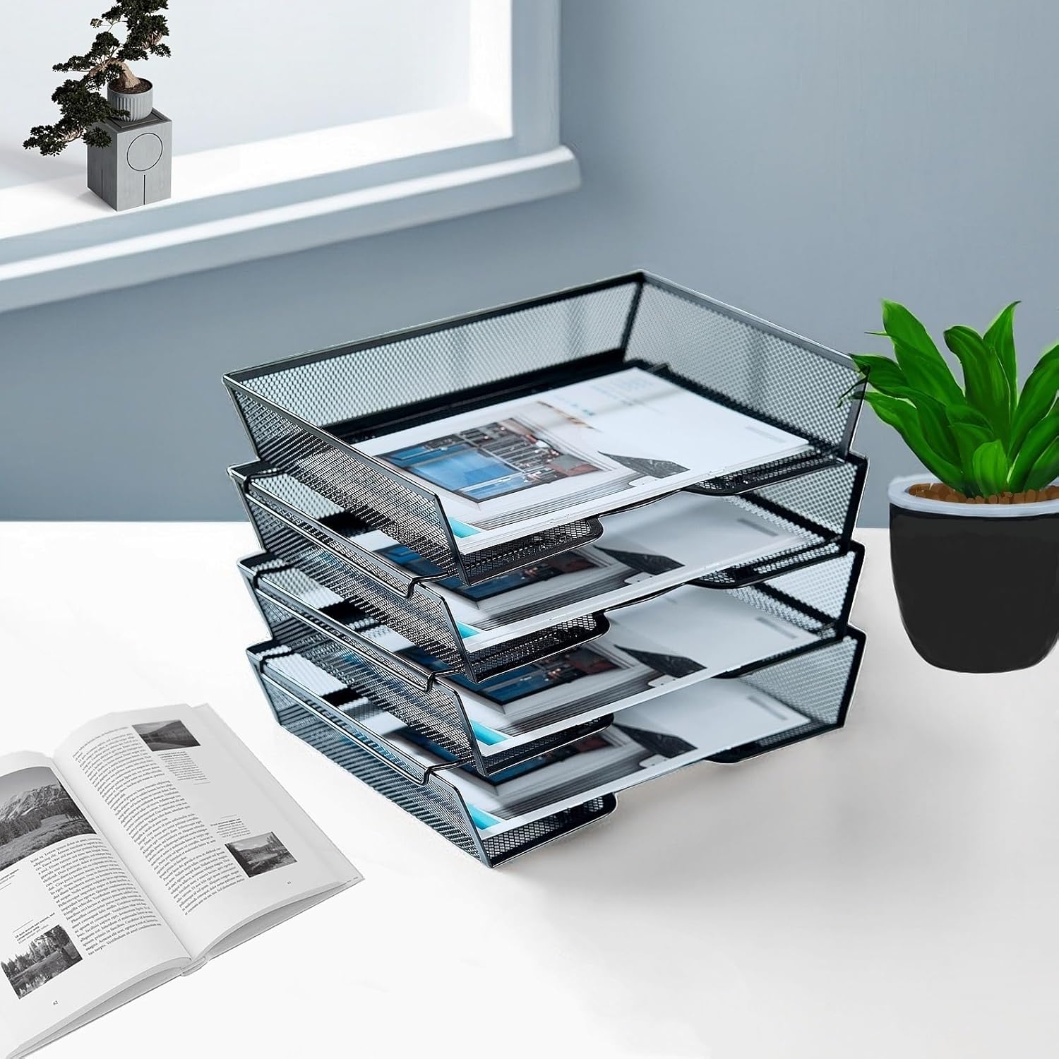 SETTFRFE 4 Tier Metal Mesh Desk Organizer-Stackable Letter Trays for Office Supplies,Black File Storage System with Reinforced Edges 4 - northernschoolofshiatsu.co.uk