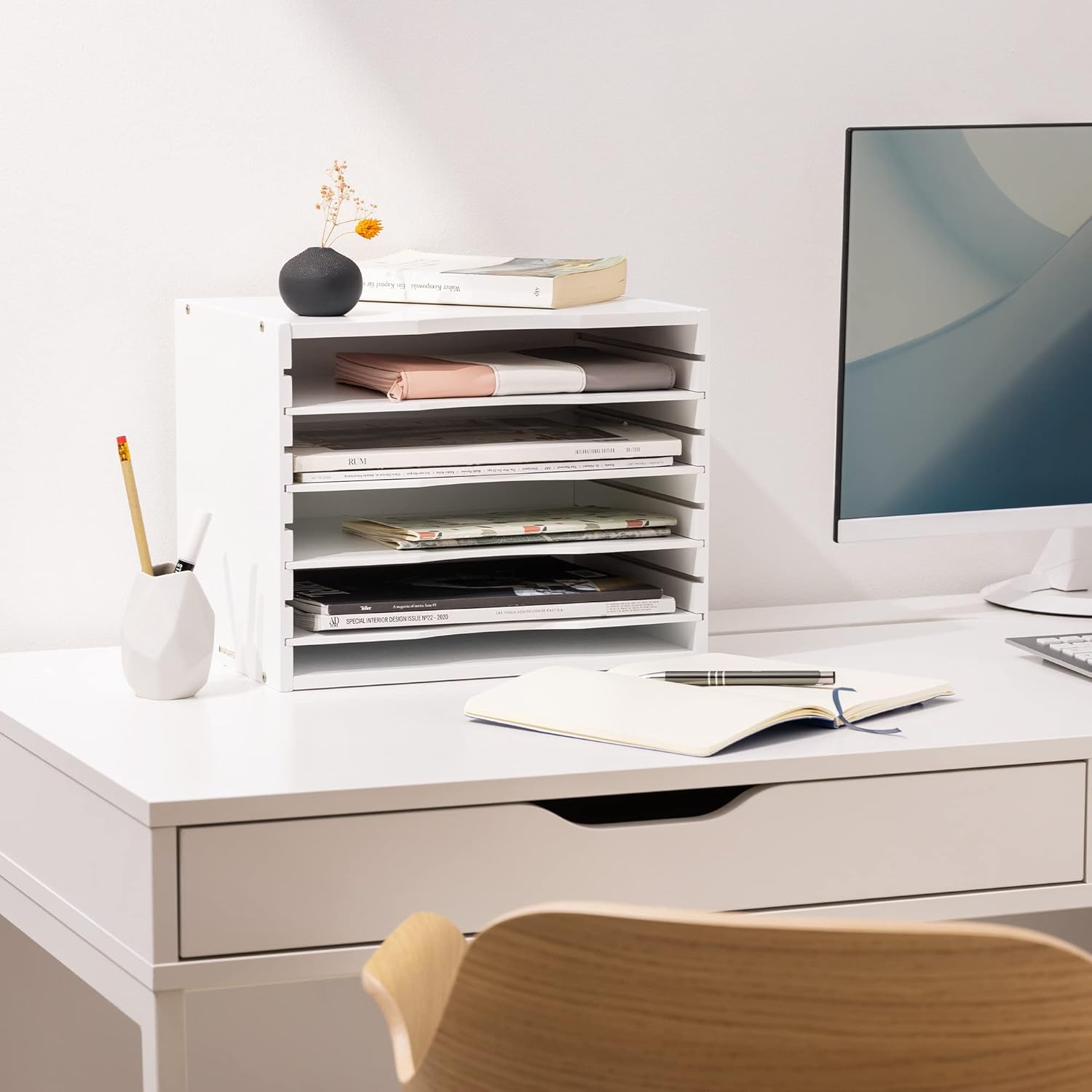 Navaris Bamboo Desk File Organizer - Paper Tray Letter Storage with 4 Adjustable Shelves - Desktop Inbox Trays - 13" x 9.6" x 10.2" - White 2 71OJFreayJL. AC SL1500 - northernschoolofshiatsu.co.uk