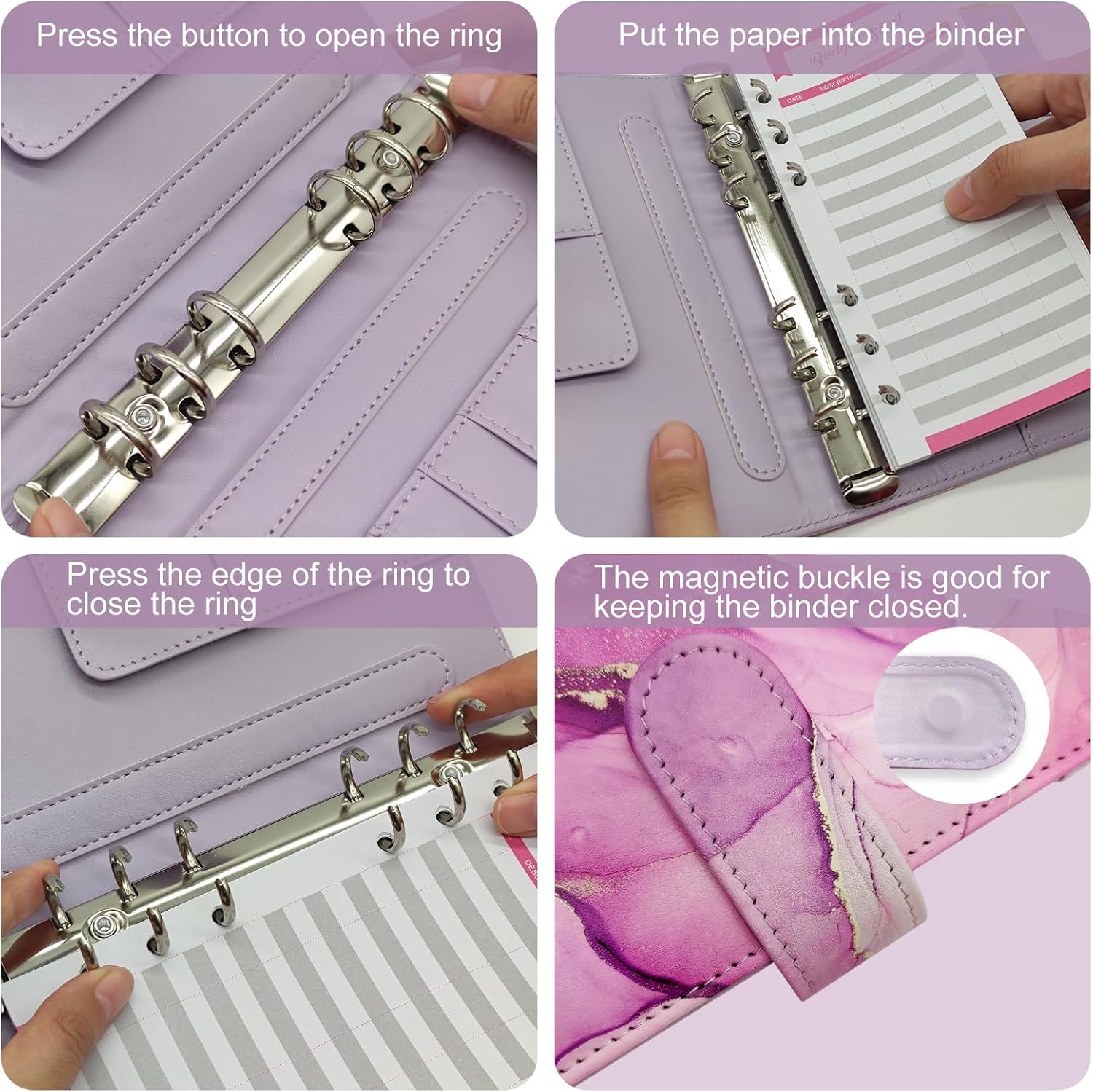 A5 Refillable 6 Ring Faux Leather Budget Binder,Mini Notebook Binder Cover for A5 Filler Paper,Loose Leaf Personal Planner Cover with Magnetic Buckle Closure(Marble Purple) 119 71QT97hwwSL. AC SL1500 - northernschoolofshiatsu.co.uk