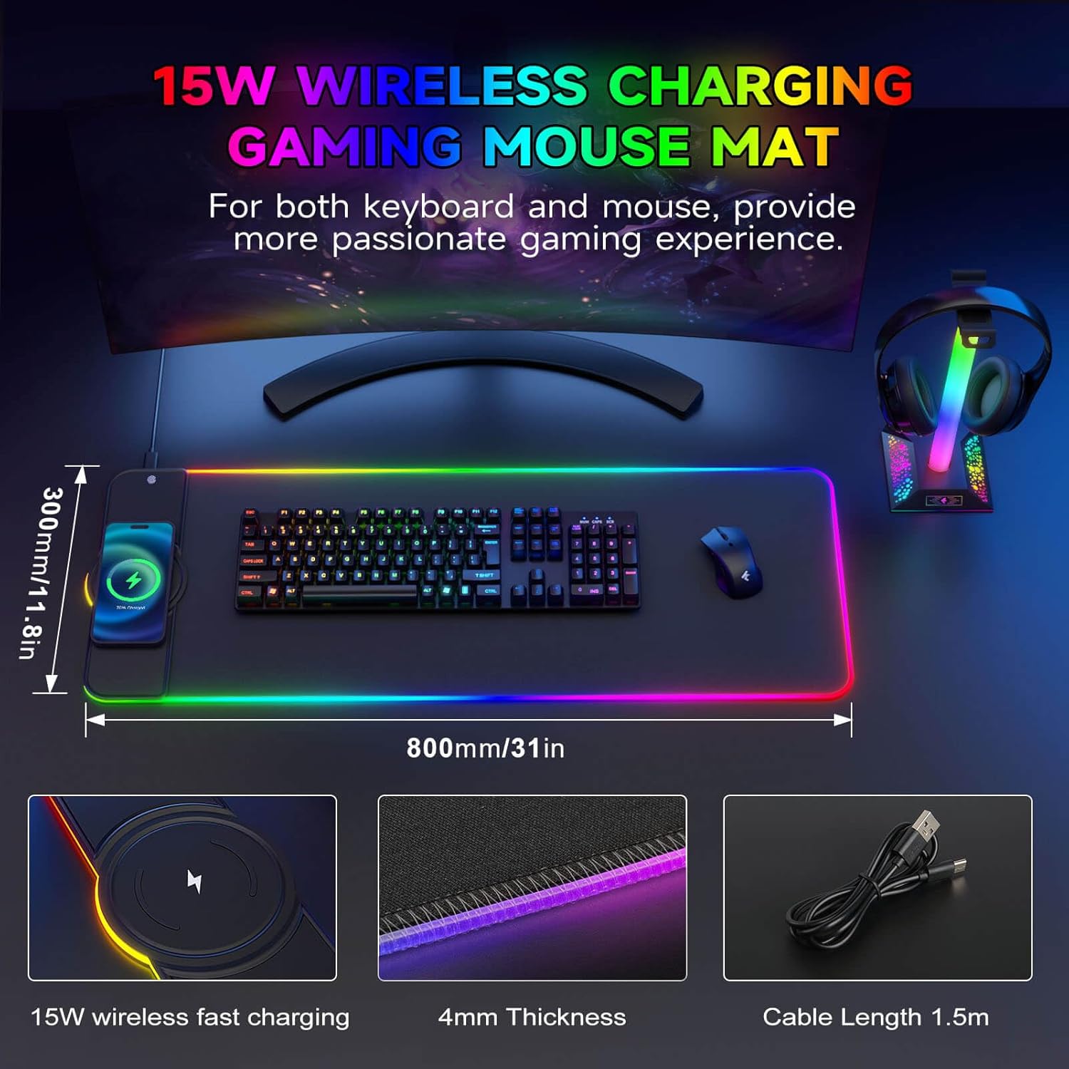 Hcman RGB Gaming Mouse Pad, Large Mousepad with Led Light, PC Gaming Accessories Black Keyboard Pad for Desk, Non-Slip Rubber Base XXL Big Mouse Mat for Gamer Boy Men Gift (31.5 X 12 Inch) 6 71QTKyigXdL. AC SL1500 - northernschoolofshiatsu.co.uk