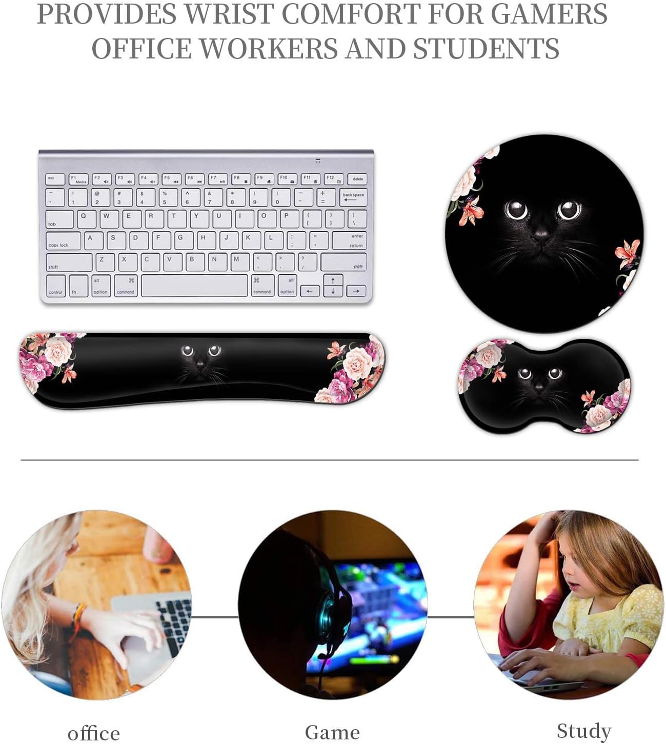 Keyboard Wrist Rest + Mouse Pad + Mouse Wrist Rest Support Set+ Coaster, Ergonomic Memory Foam, 4Pcs Keyboard Mouse Pad Set for Computer, Home & Office, Black Cat Floral Design 5 71WN4goRb L. AC SL1500 - northernschoolofshiatsu.co.uk