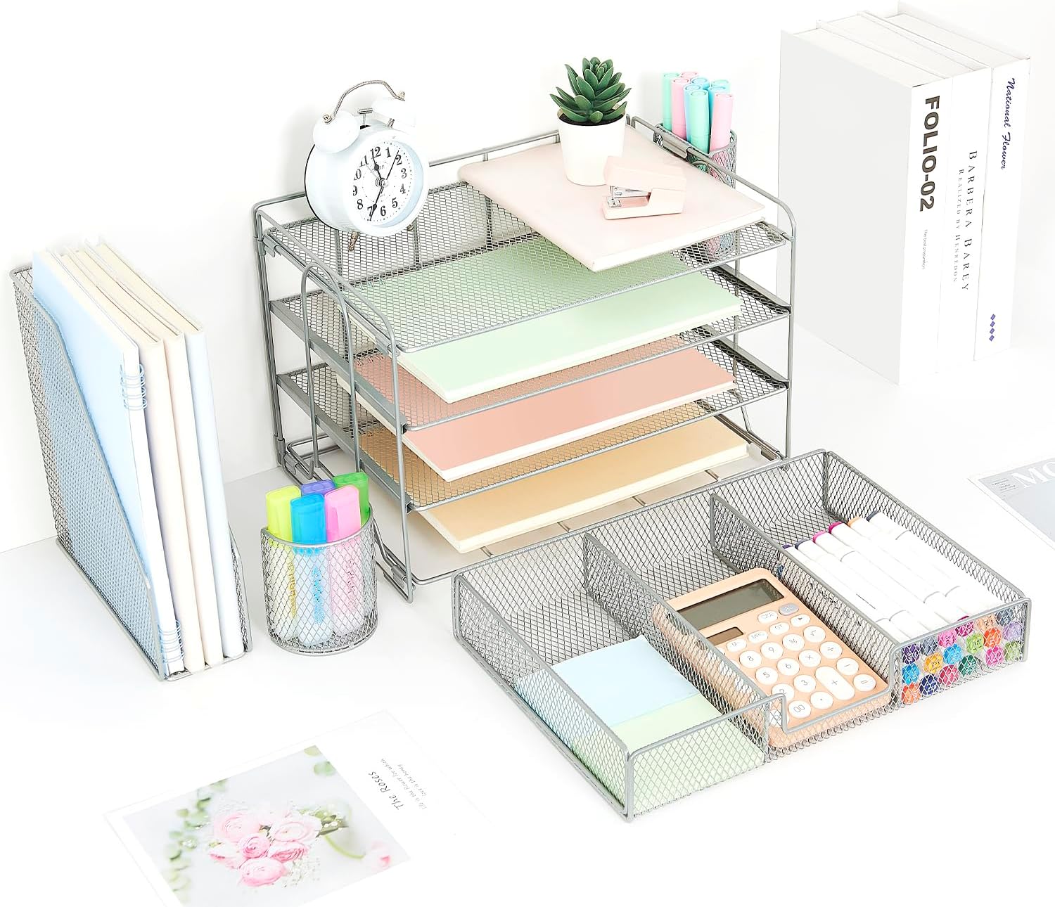 Desk Paper Organizers and Accessories - 4-Tier Paper Letter Tray Organizer with File Holder,Drawer and 2 Pen Holders,Desk Accessories & Workspace Organizers for Office,School,Home 5 - northernschoolofshiatsu.co.uk