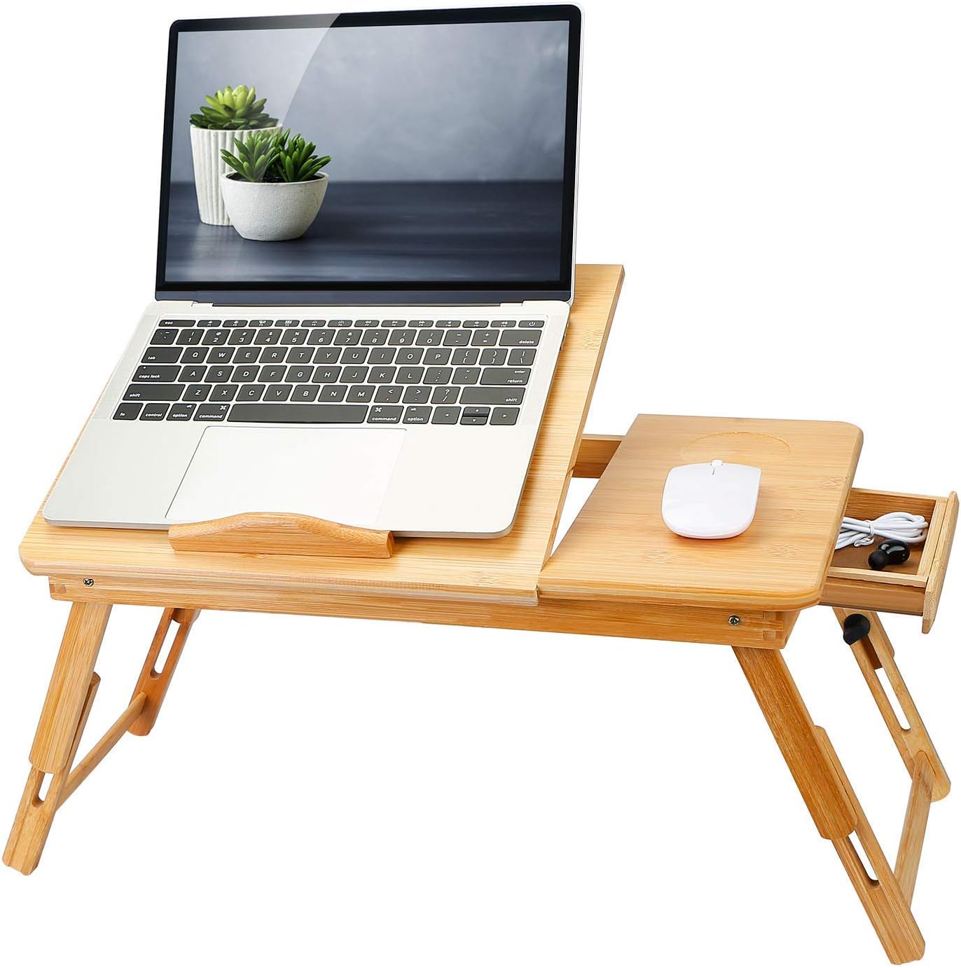 Bamboo Laptop Desk Breakfast Serving Bed Tray Foldable Leg Multi-Position Adjustable Tilt Surface Bed Lap Tray with Side Storage Drawer for Work Study Reading Eating Food 1 - northernschoolofshiatsu.co.uk