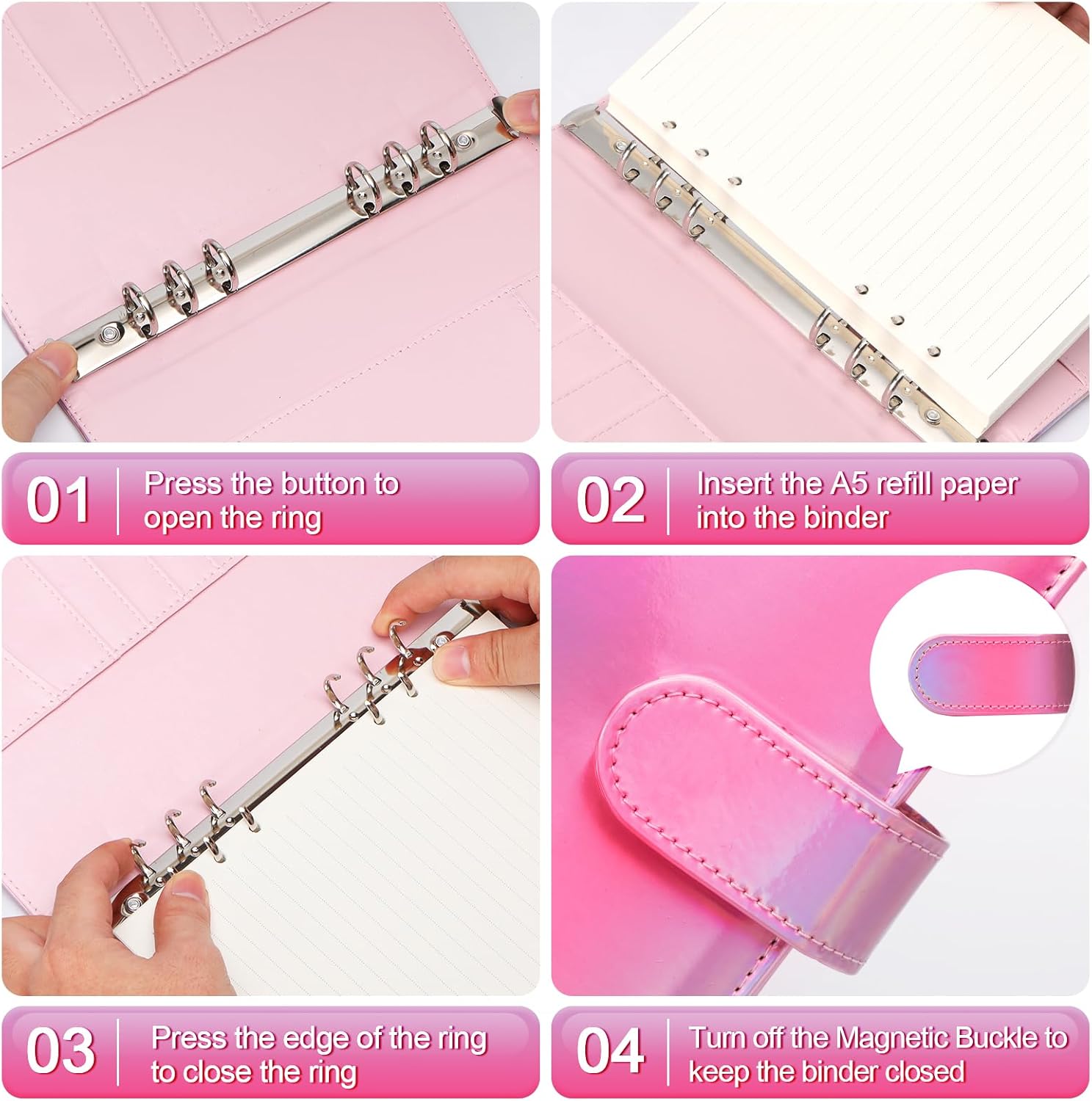 Toplive A5 Binder 6 Ring Refillable Notebook, PU Leather Planner Personal Budget Organizer Cover With Magnetic Closure for A5 Filler Loose Leaf Paper, Laser Pink 5 71oLMK6yoXL. AC SL1500 - northernschoolofshiatsu.co.uk