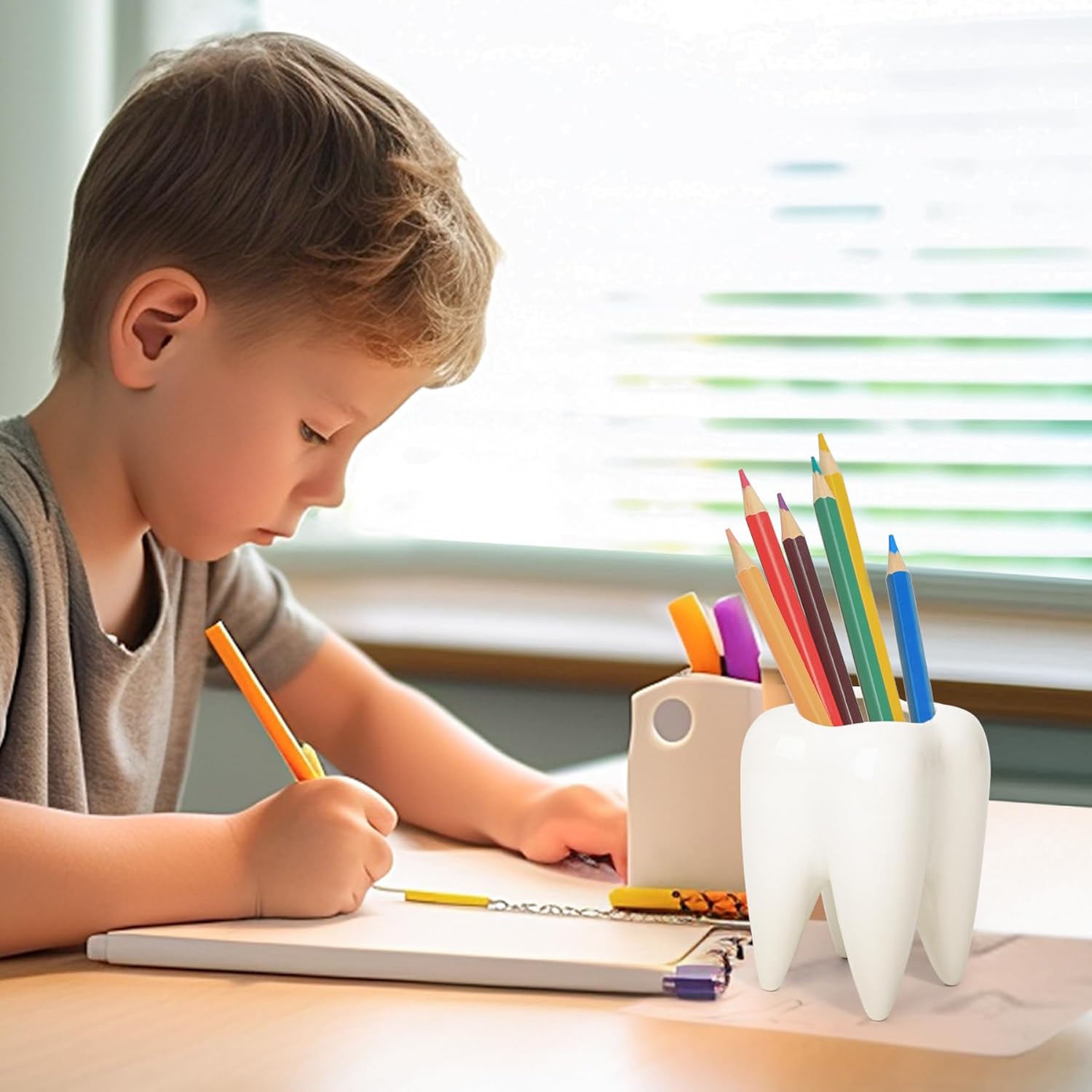 ComSaf Ceramic Tooth Shaped Pen Holder, Cute Pencil Holder White Desk Accessories Desk Organizers for Office, School, Home, Pack of 1 2 - northernschoolofshiatsu.co.uk