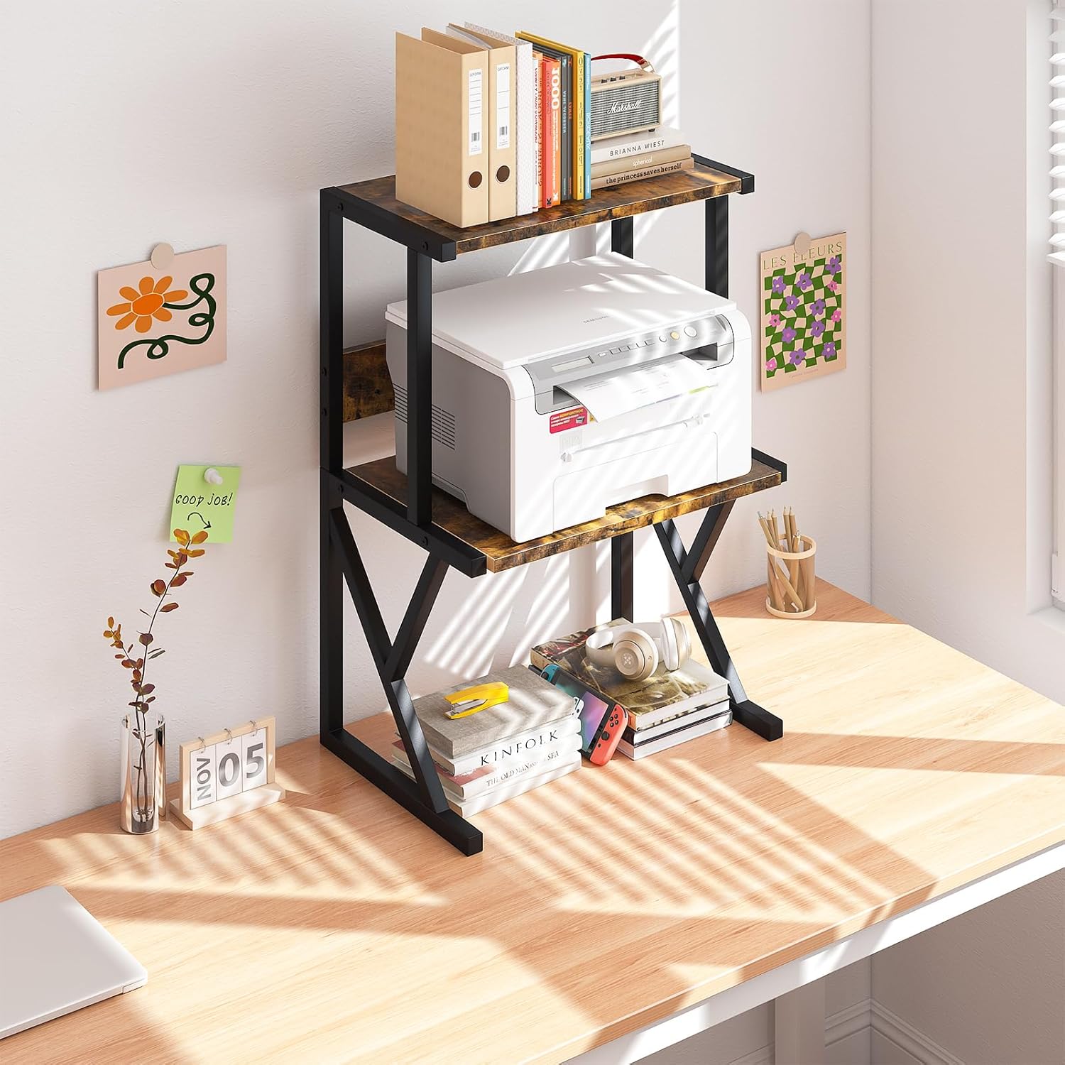 aboxoo Printer Stand for Desk, Desktop Printer Shelf Large 3-Tier Multi-Purpose Office Organization Shelves for Home Office, Rustic Brown 44 - northernschoolofshiatsu.co.uk