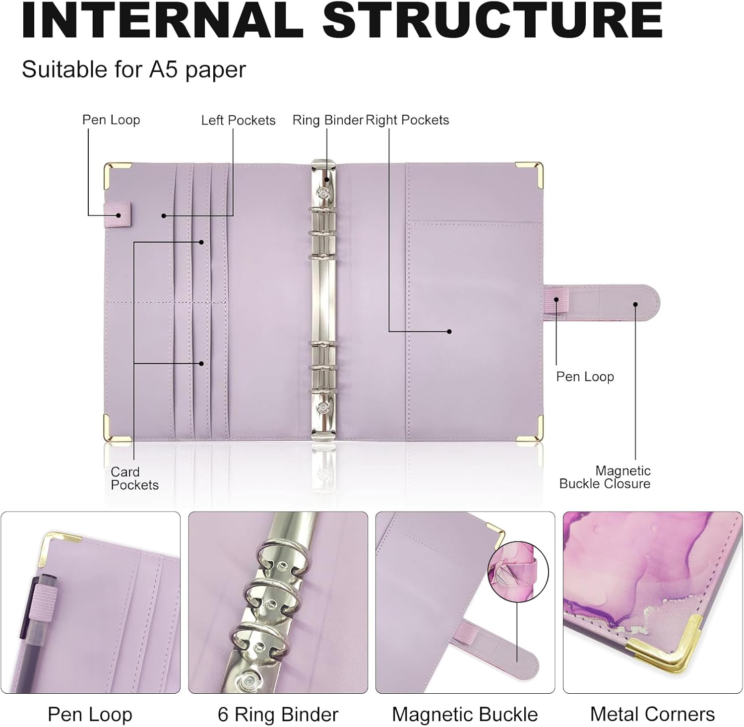 A5 Refillable 6 Ring Faux Leather Budget Binder,Mini Notebook Binder Cover for A5 Filler Paper,Loose Leaf Personal Planner Cover with Magnetic Buckle Closure(Marble Purple) 109 71rgrP4vk9L. AC SL1500 - northernschoolofshiatsu.co.uk