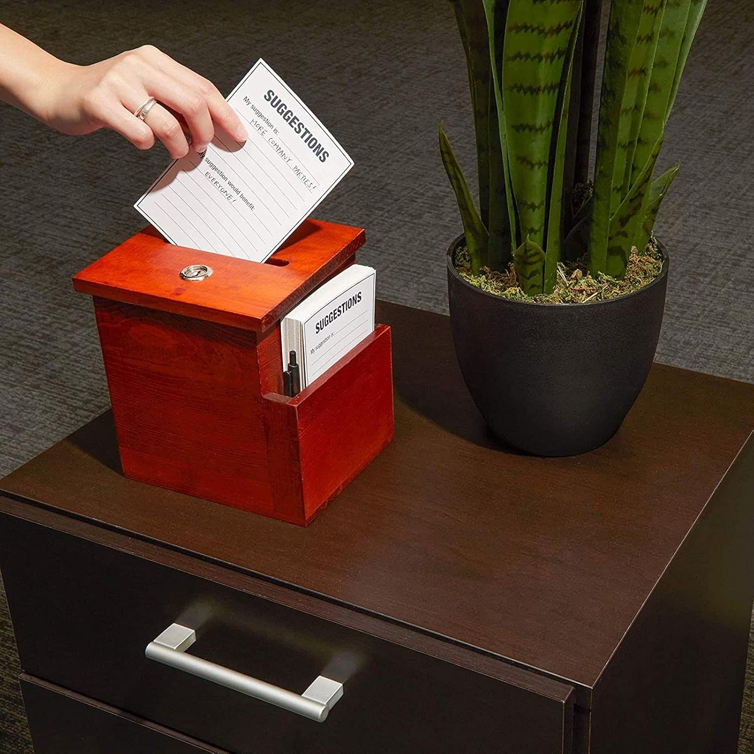 Juvale Wooden Suggestion Box with Lock and Keys, Brown Ballot Box with 50 Blank Suggestion Cards, Locking Lid and Side Slot for Donation, Comments, Feedback (7.5 x 7.1 x 5.5 In) 2 - northernschoolofshiatsu.co.uk