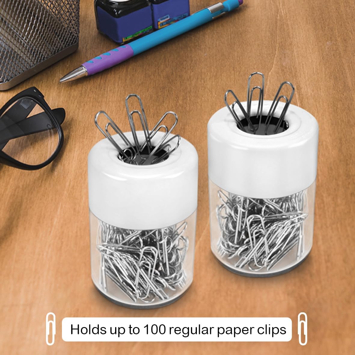 Acrimet Magnetic Paper Clip Holder Dispenser, Round Design, 100 Regular Paper Clip Capacity (Clear Crystal Base/ White Magnetic Lid) (2 pack) 2 - northernschoolofshiatsu.co.uk