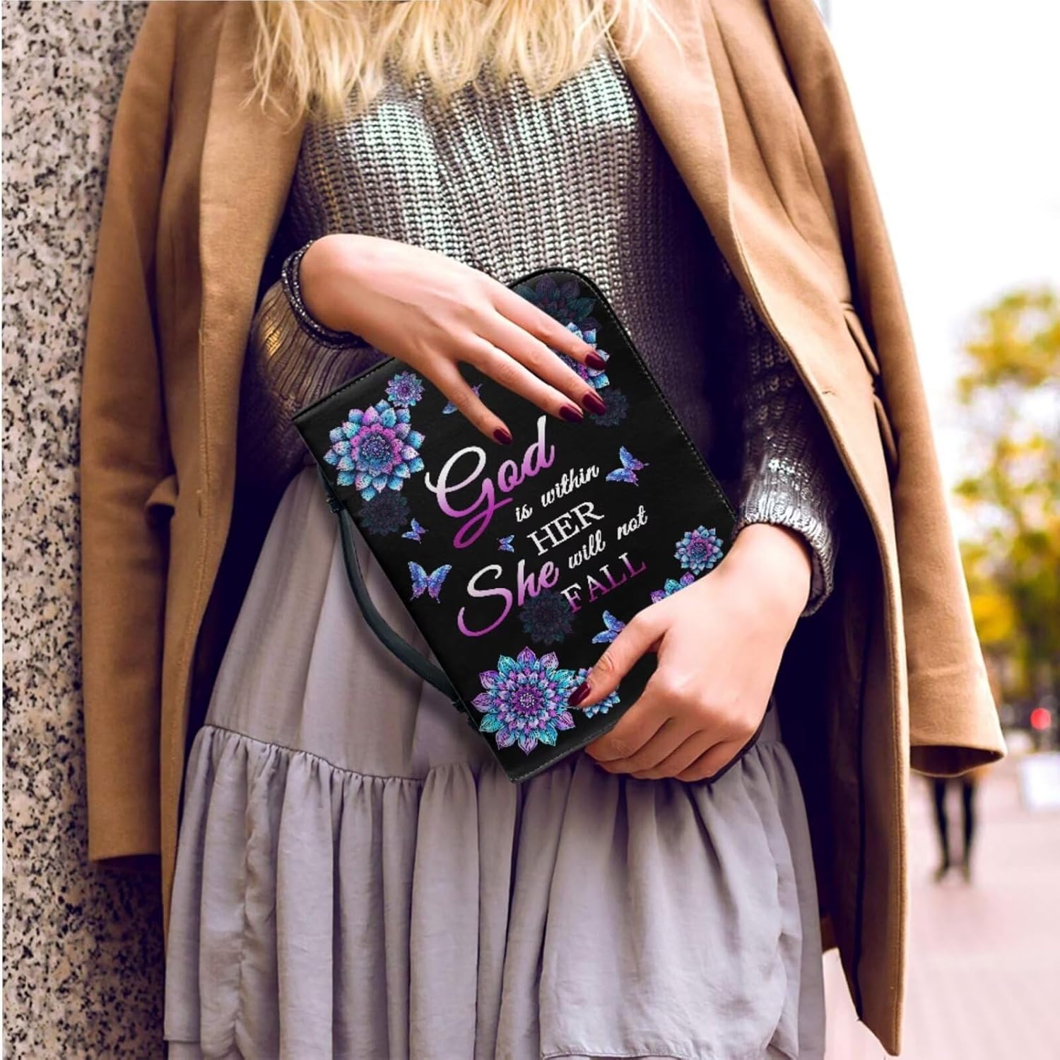 Kuiaobaty Leather Bible Cover with Handle Carrying Bible Case Church Bag Bible Protective Tote with Matched Leather Keychain for Adults Kids Youth God is Within Her She Will Not Fall 30 - northernschoolofshiatsu.co.uk