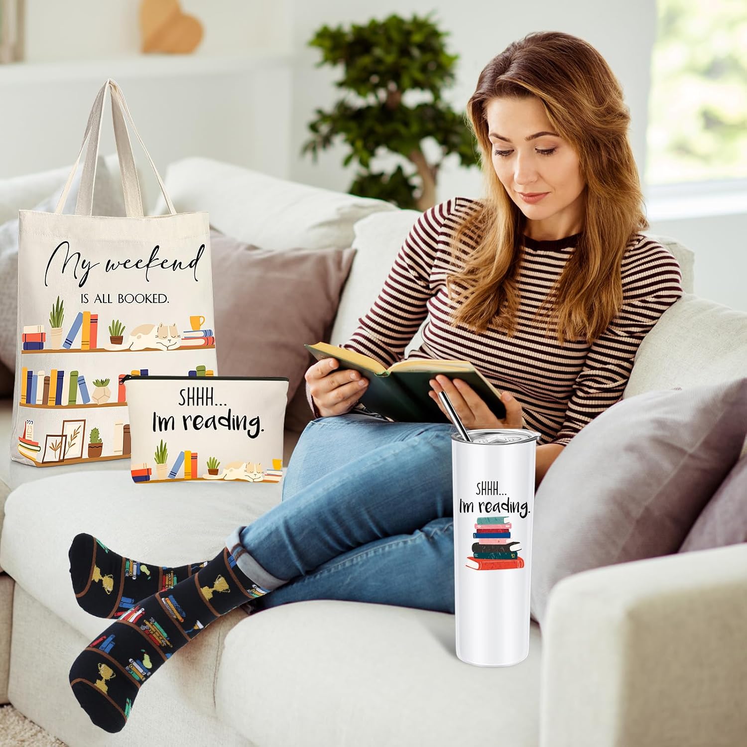 Silkfly 5 Pcs Book Lovers Gifts Set, Gifts for Book Lovers, Includes 20 oz Tumbler Socks Bookmark Tote Bag and Cosmetic Bag 5 - northernschoolofshiatsu.co.uk