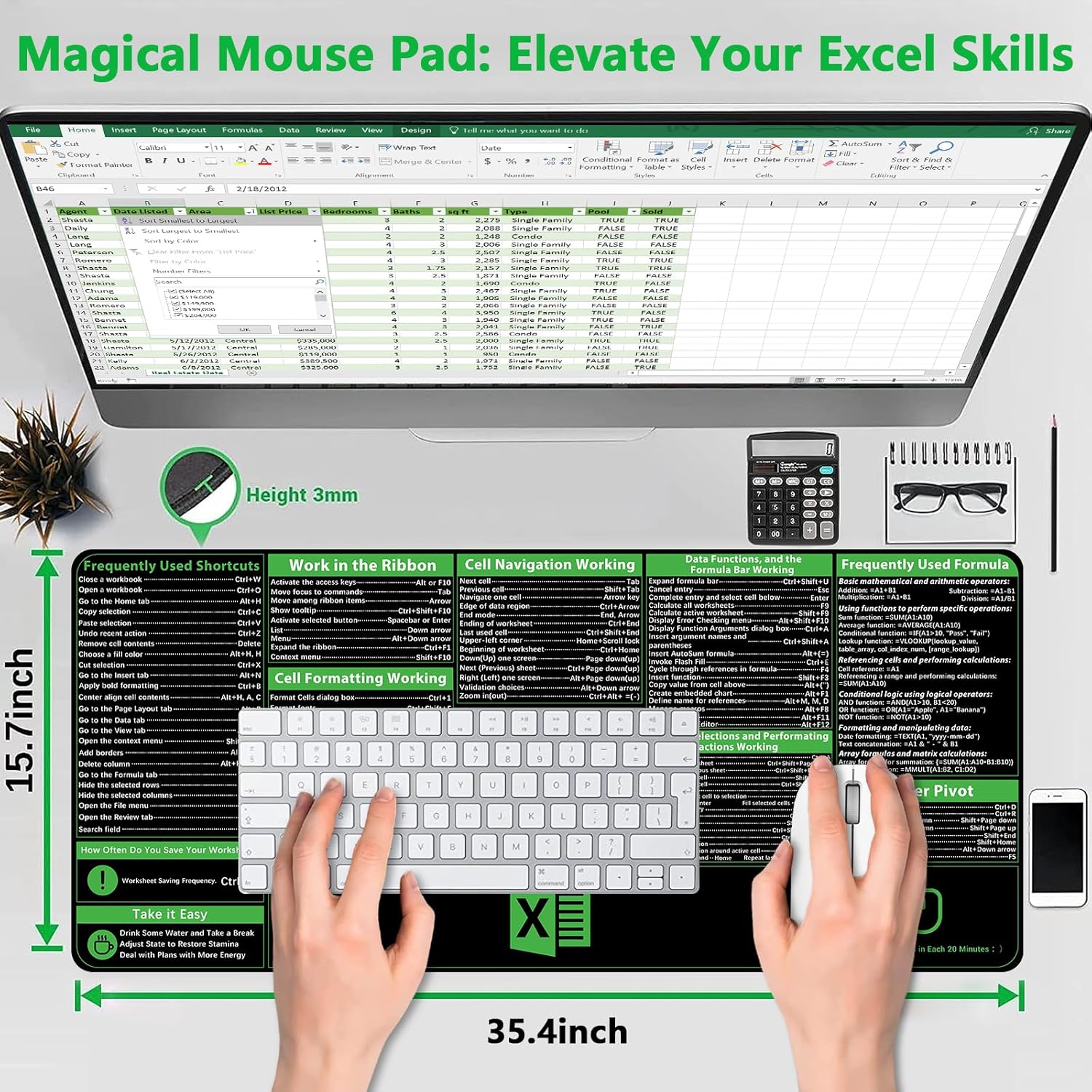 ProbTis Excel Cheat Sheet Desk Pad, Upgraded Pro Version, Excel Shortcuts Mousepad Stitched Edges, Non-Slip Base Keyboard Mats, XXL Giant Mouse Pads for Desk, 35.4”x15.7”, Back to School 2 81+SDC+R FL. AC SL1500 - northernschoolofshiatsu.co.uk