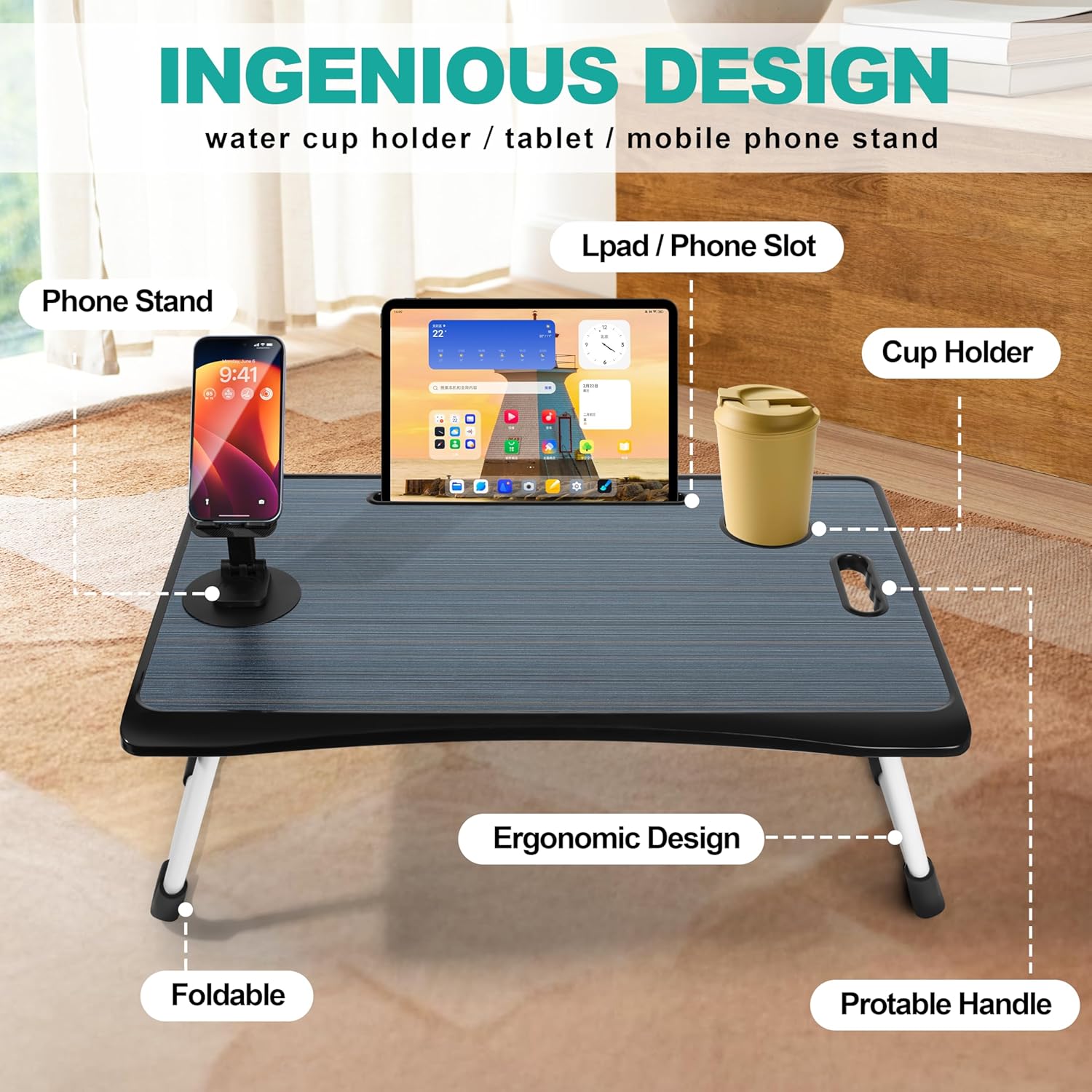 Lap Desk for Bed and Couch, 4-in-1 Foldable Laptop Desk with Cup Holder, Tablet Slot and Lifting Handle for Breakfast, Reading and Writing- Black 2 811CM6p9aHL. AC SL1500 - northernschoolofshiatsu.co.uk