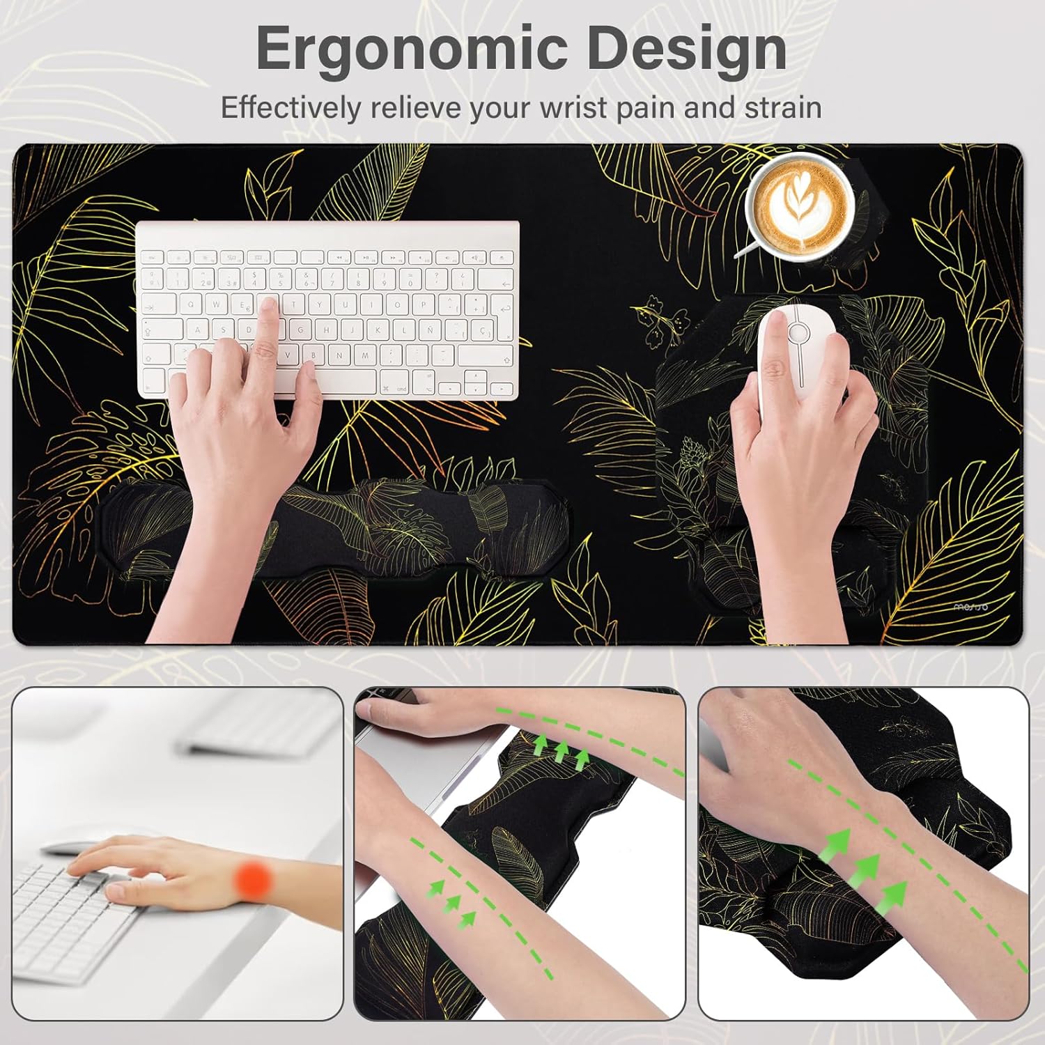 MOSISO Extended Gaming Mouse Pad&Hexagon Keyboard Wrist Rest&Mousepad with Wrist Support&Coaster, Leaf Ergonomic Easy Typing Cushion with Memory Foam for Home Office, Golden Line Monstera Leaf 2 - northernschoolofshiatsu.co.uk