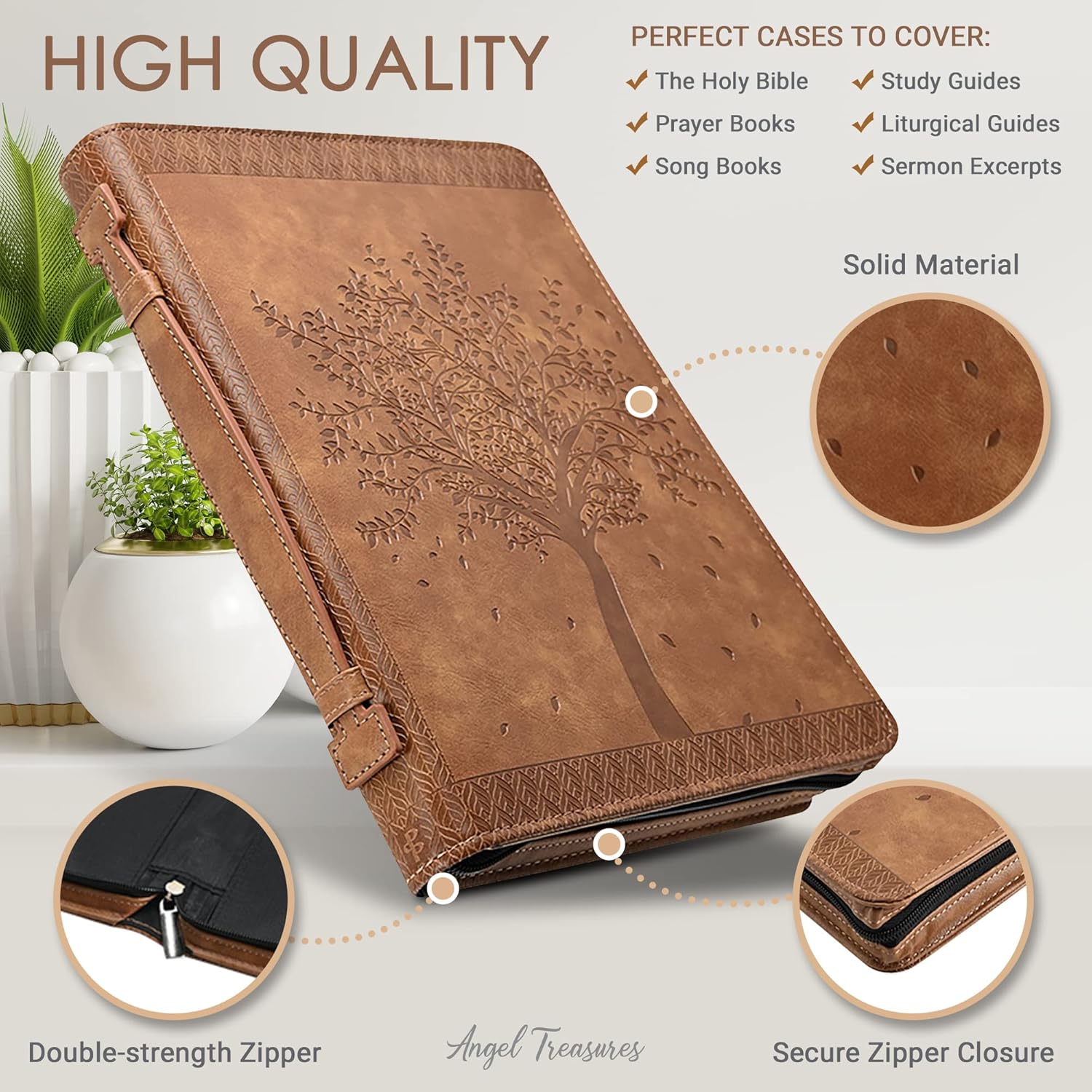 ‘Angel Treasures’ Bible Cover with Engraved Tree of Life Design| Genuine Faux PU Leather Book Protector Case with Handle, Zipper, Pockets & Pen Slots 3 - northernschoolofshiatsu.co.uk