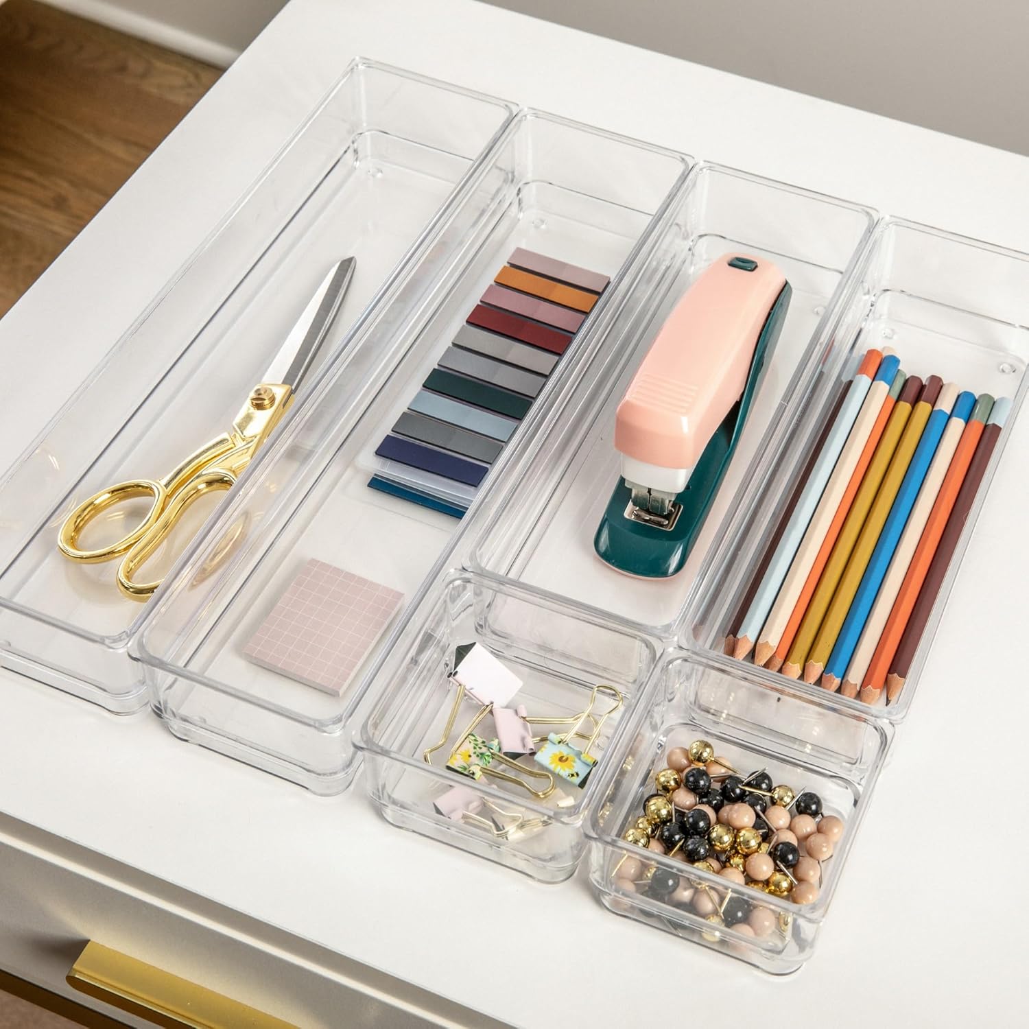 Martha Stewart Kerry Plastic Stackable Office Desk Drawer Organizers, Set of 6, with Gold Trim 2 81EYFZHkeEL. AC SL1500 - northernschoolofshiatsu.co.uk