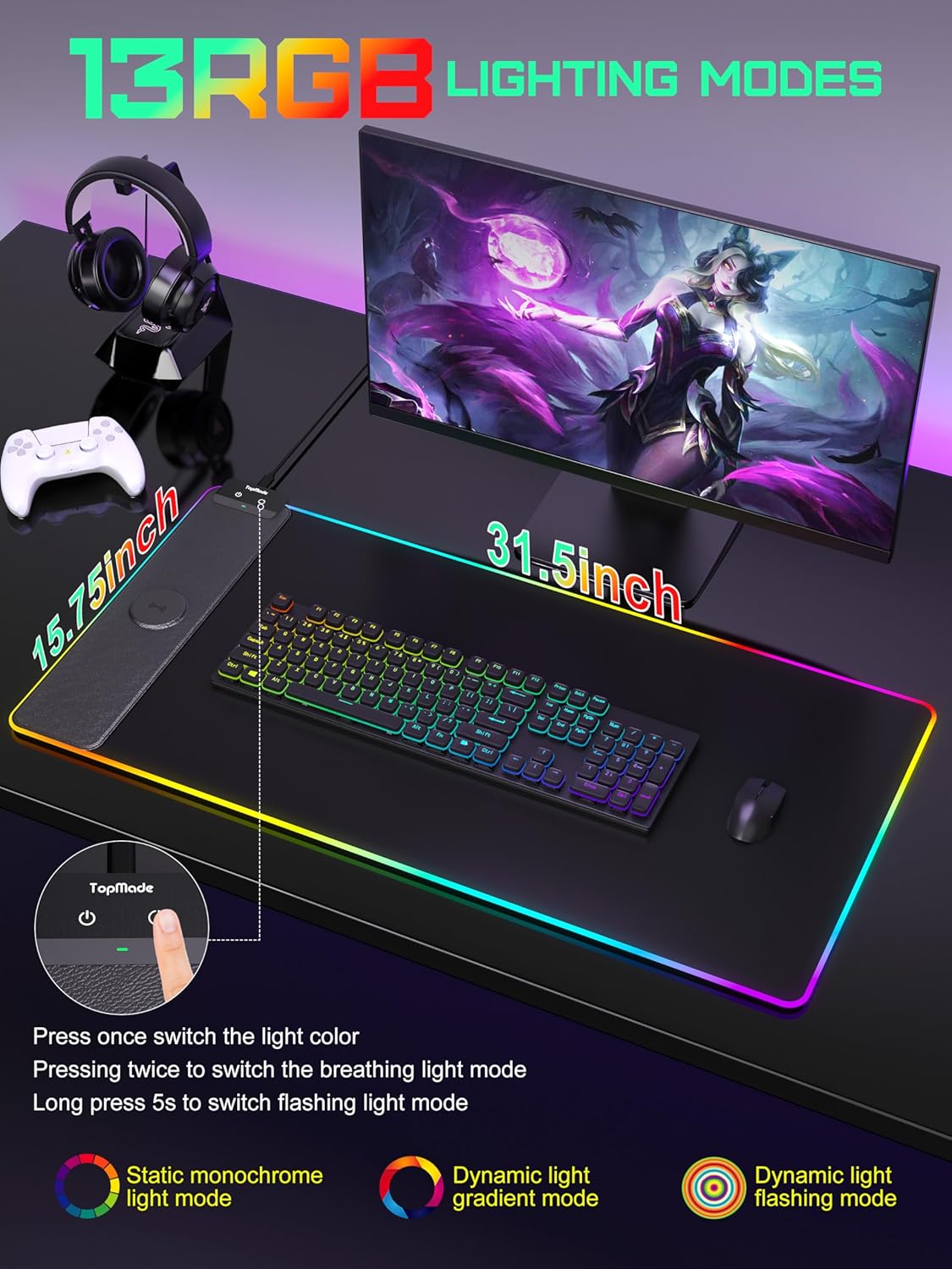 TopMade Wireless Charging Mouse Pad, RGB Gaming Mousepad Home Office Large Desk Pad with 13 Light Modes, Ultra-Smooth Surface, Non-Slip Rubber Base, Black Computer Desk Mat (No Power Adapter Included) 11 - northernschoolofshiatsu.co.uk