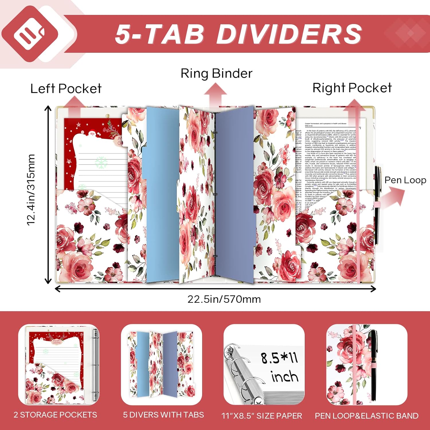 2 Inch 3 Ring Binders for Letter-Size 11" x 8.5" with 5-Tab Dividers and Low Profile Clipboards Three Ring Binder for School Class Office Supplies, Rose Floar 14 81Hpe0bVpvL. AC SL1500 - northernschoolofshiatsu.co.uk