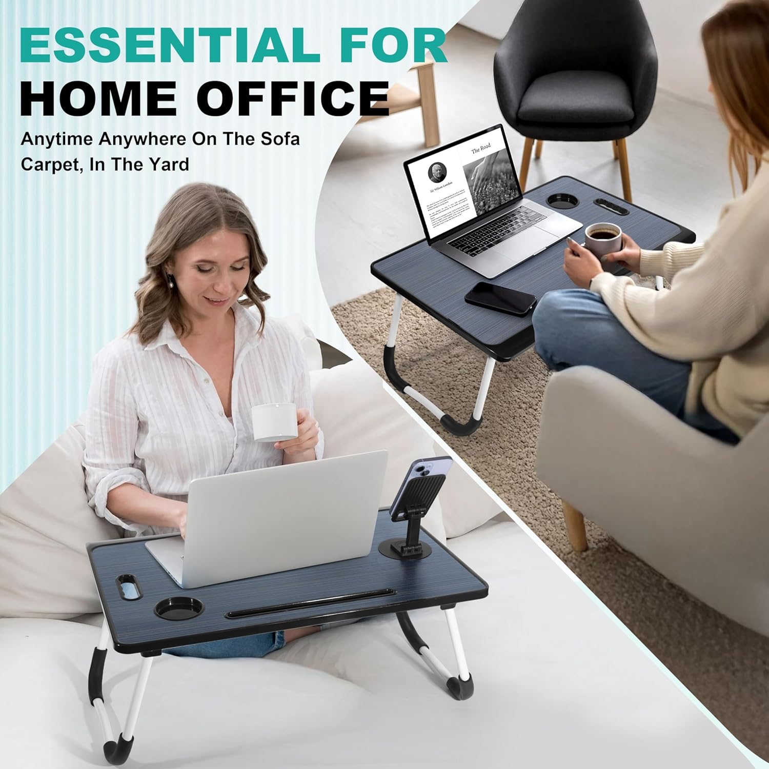 Lap Desk for Bed and Couch, 4-in-1 Foldable Laptop Desk with Cup Holder, Tablet Slot and Lifting Handle for Breakfast, Reading and Writing- Black 5 - northernschoolofshiatsu.co.uk