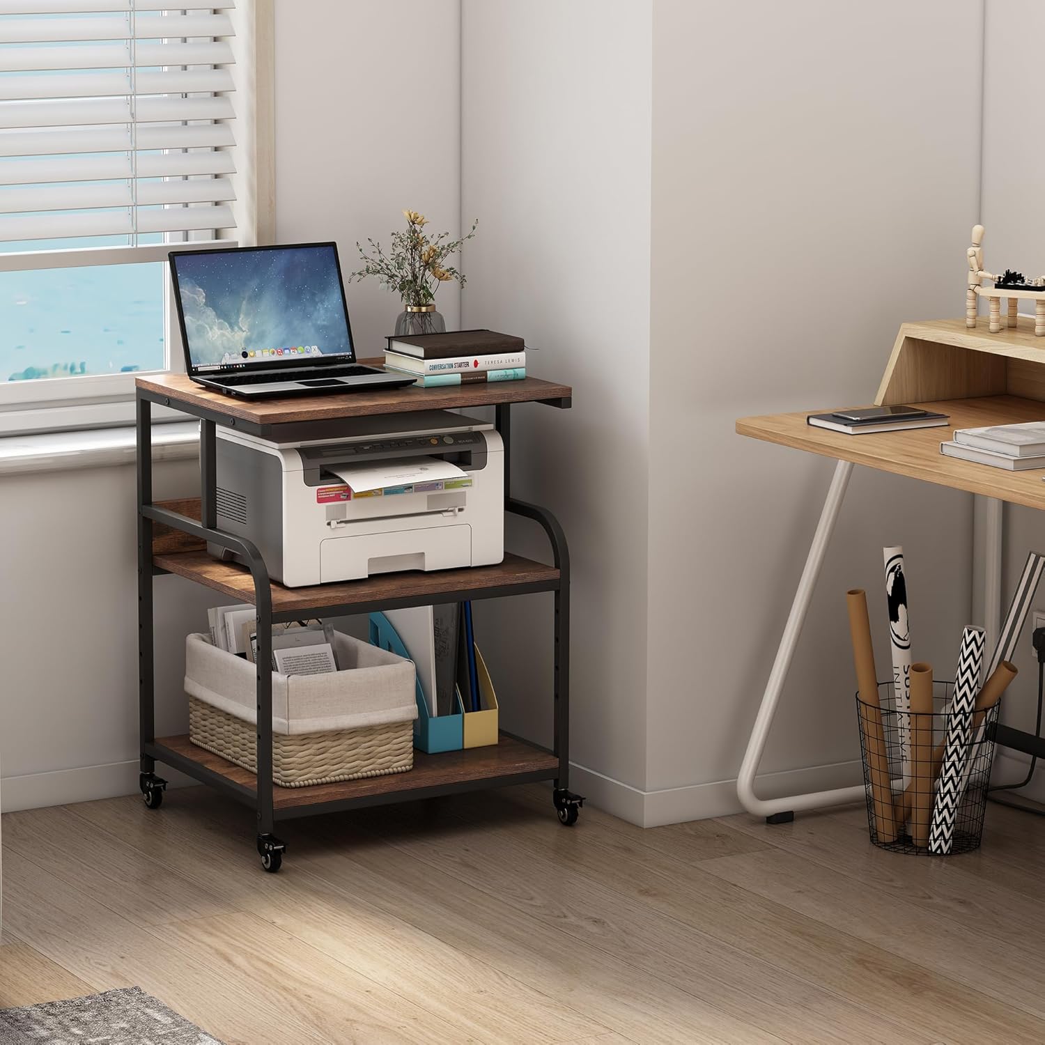 Large Printer Stand Table 23.6 x18.9 x 30 Inches with Height Adjustable Storage Shelf, 3 Tier Rolling Printer Cart with Wheels for Home Office, Gray 66 - northernschoolofshiatsu.co.uk