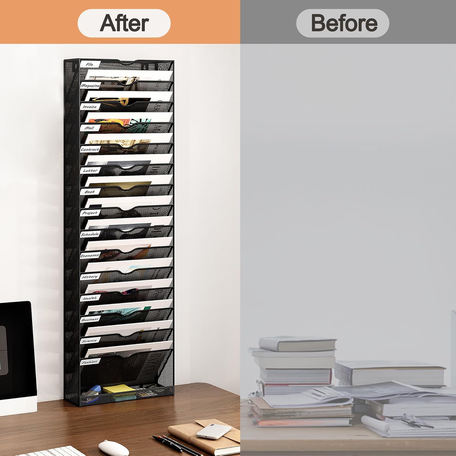 16 Tier Wall Mounted Magazine Rack with Tray Mesh A4 Paper File Organiser Mail Holder Storage, Black 4 - northernschoolofshiatsu.co.uk