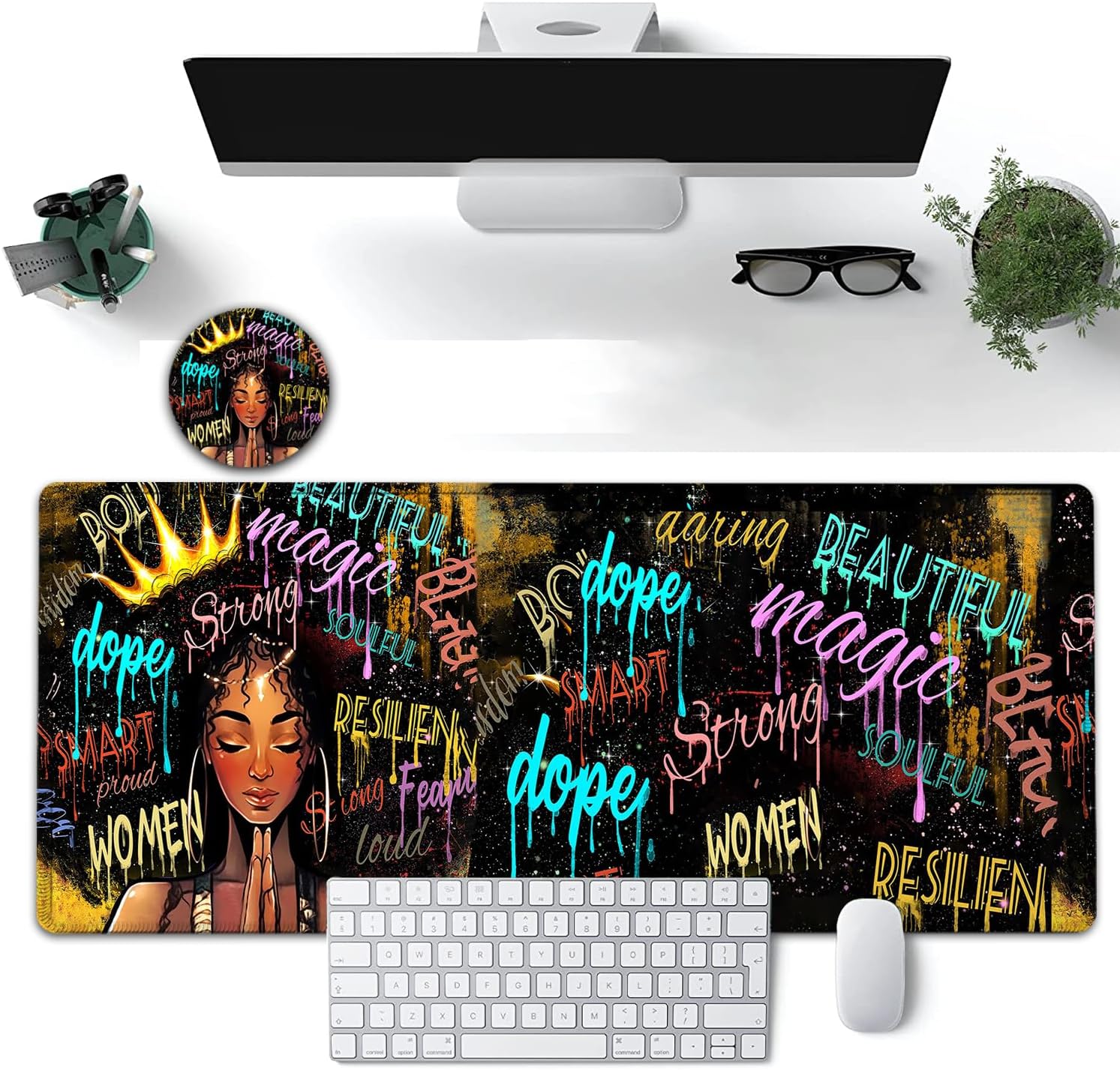 Large Mouse Pad, 31.5 x 11.8in Extended Gaming Mouse Pad with Stitched Edges,XXL Mousepad Protector Non Slip Rubber Base for Office Home Writing Mat,African American Black Women Graffiti Girl Desk Mat 7 - northernschoolofshiatsu.co.uk