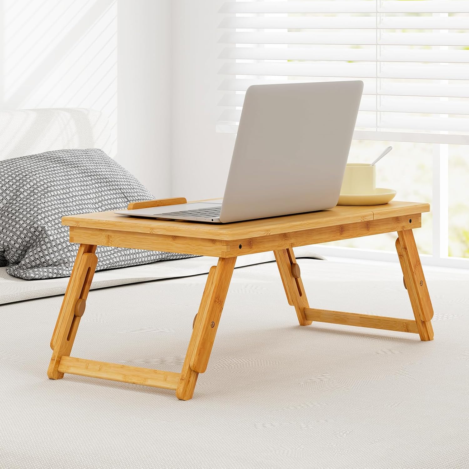 Giantex Bamboo Laptop Desk for Bed, Adjustable Serving Tray Breakfast Table with Tilting Desktop, Folding Lap Tray with Removable Stopper, Cooling Holes & Small Side Drawer (Natural), GT67948-HWCF 8 - northernschoolofshiatsu.co.uk