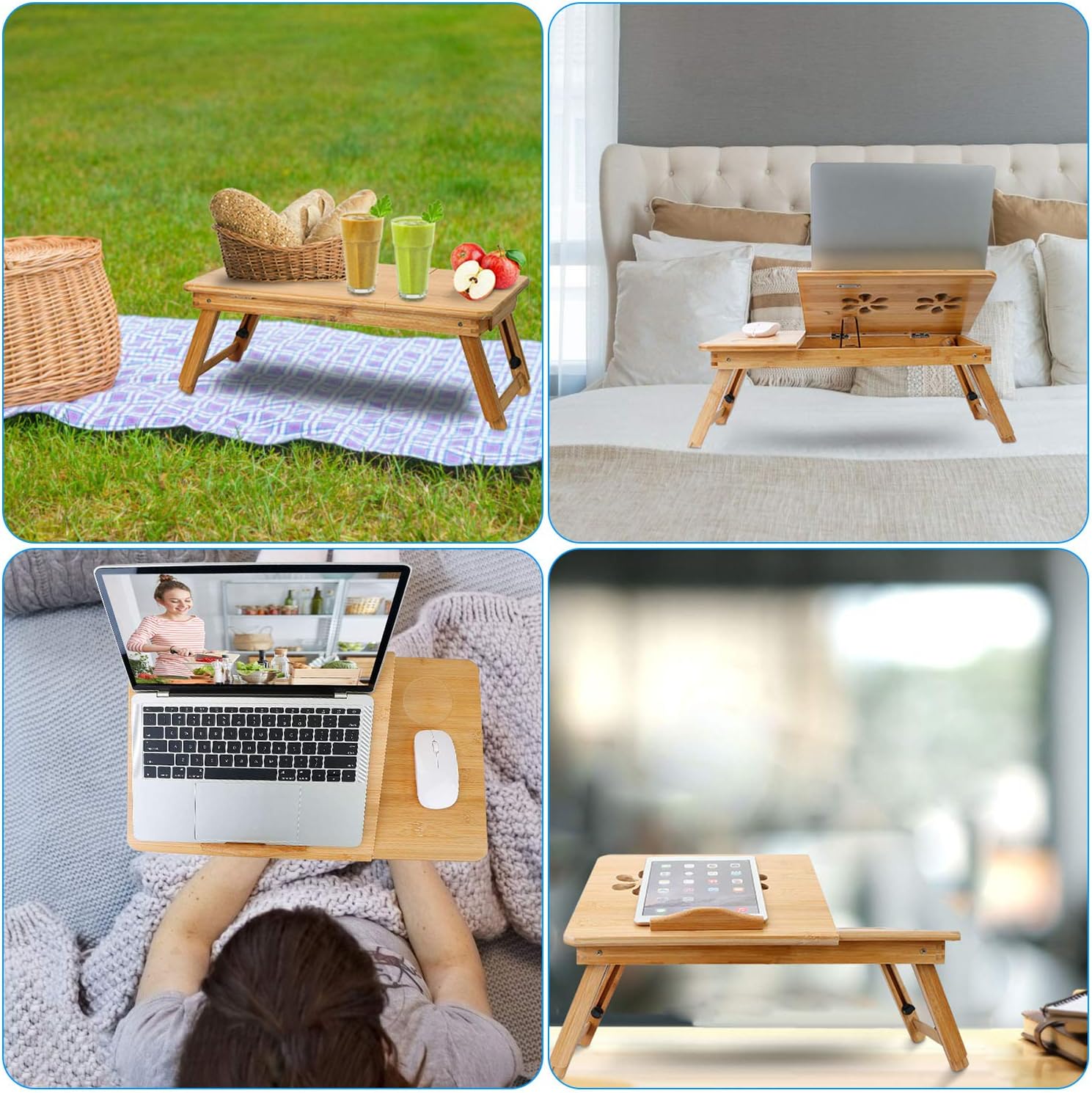 Bamboo Laptop Desk Breakfast Serving Bed Tray Foldable Leg Multi-Position Adjustable Tilt Surface Bed Lap Tray with Side Storage Drawer for Work Study Reading Eating Food 3 - northernschoolofshiatsu.co.uk